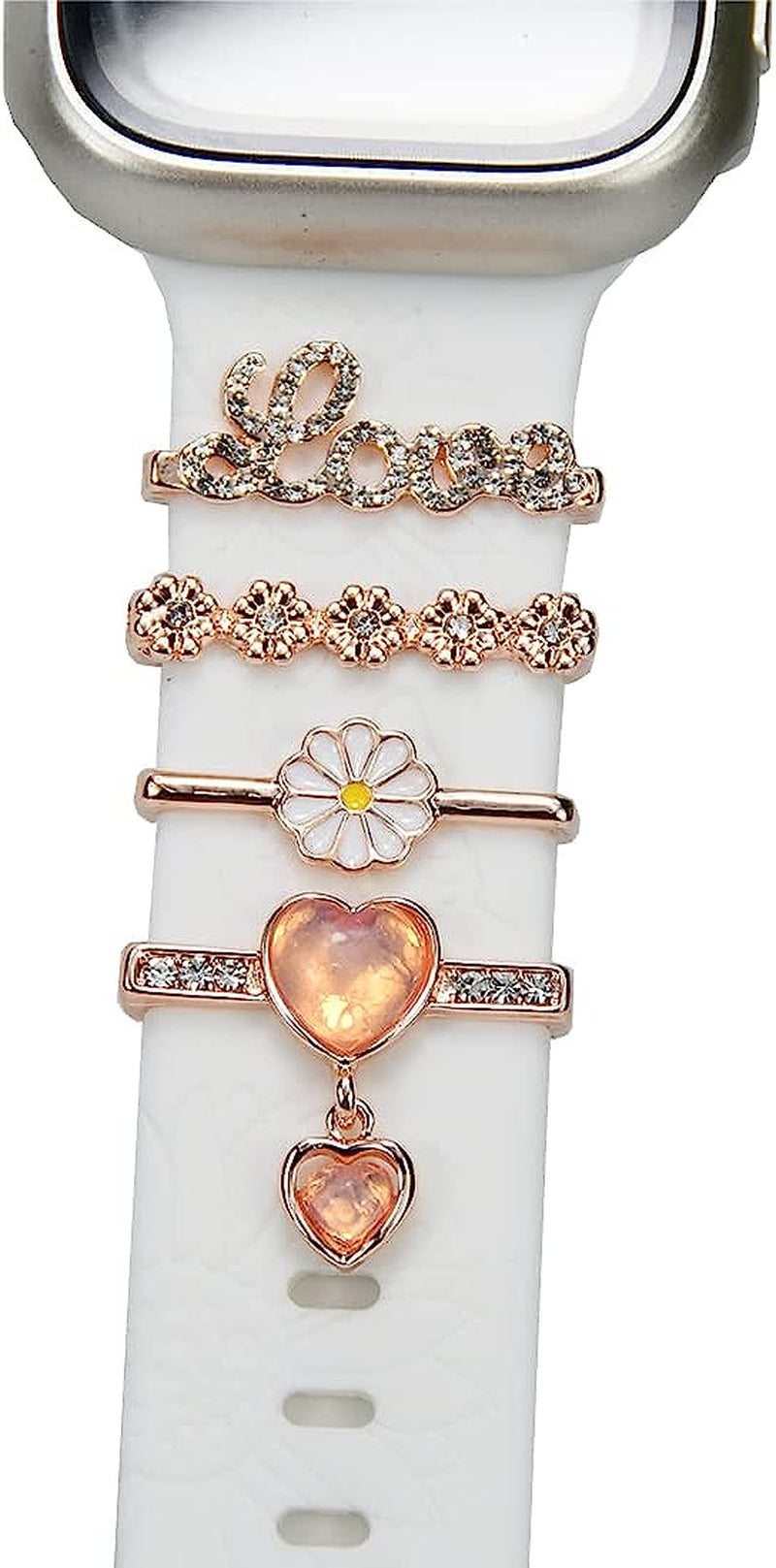 Watch Band Charms - Decorative Rings Loops Compatible with Apple Watch Silicone Leather Bands Charms 49Mm 45Mm 44Mm 42Mm 41Mm 40Mm 38Mm,Metal Diamond Charms Slide Strap Accessories Charms for Iwatch Series 9 8 7 6 5 4 3 2 1 Samsung Galaxy , Fitbit  SUNOREEK rose gold love  