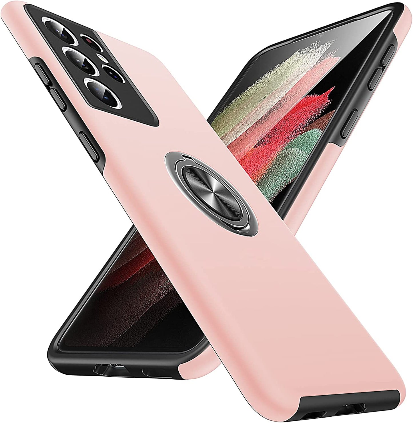 Anqrp Shockproof for Galaxy S21 Ultra Case 5G, [Heat Dissipation] [No Fall-Off Kickstand] 360°Metal Ring Military Grade Protection Phone Case with Samsung Galaxy S21 Ultra 6.8 Inch, Green  Anqrp Pink  