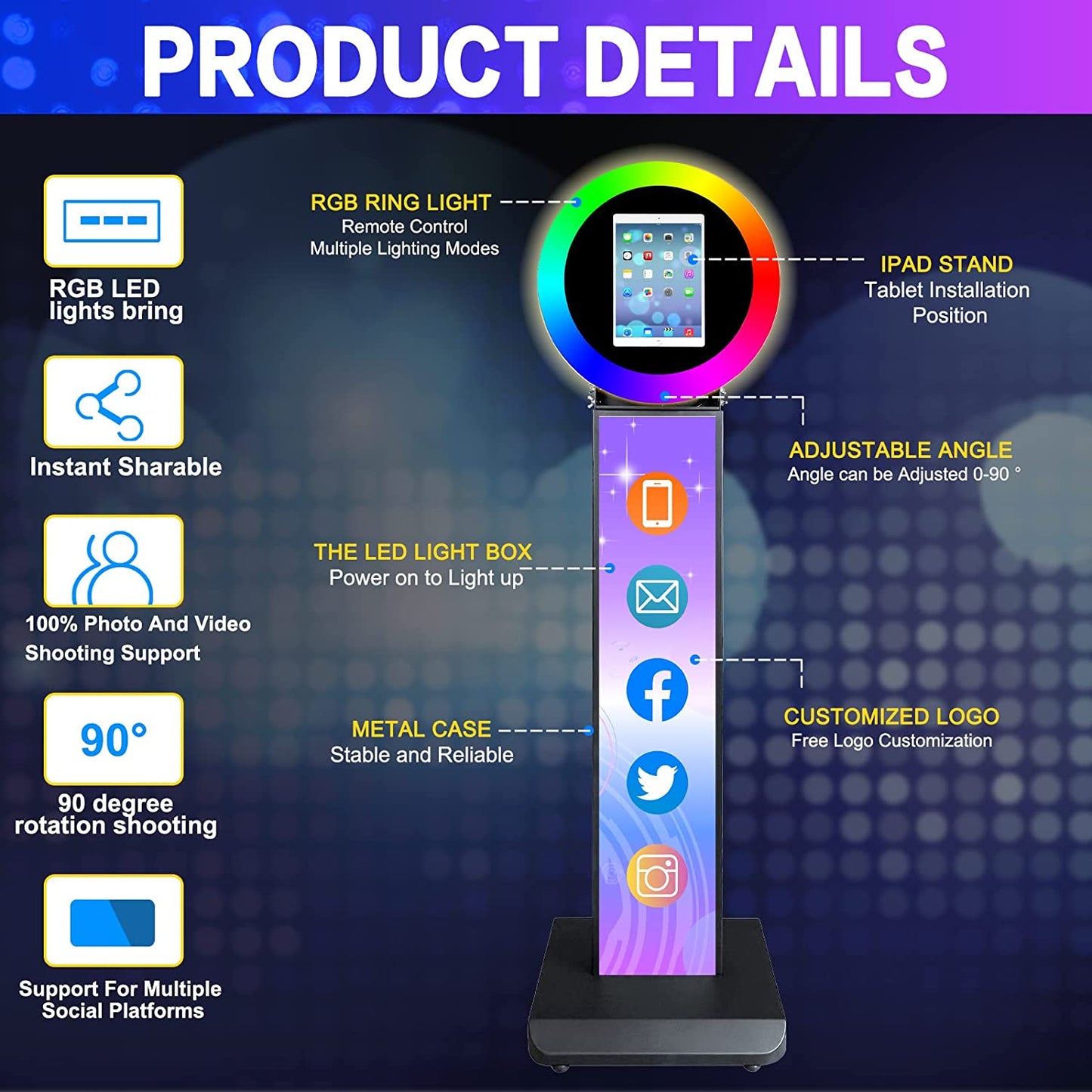NETSOLAR Portable Photo Booth for 10.2'' Ipad Stand Shell Metal Selfie Photobooth Machine with Adjustable RGB LED Light Ring Free Custom Logo for Parties Wedding Exhibition Rental Business (Black)  NETSOLAR   