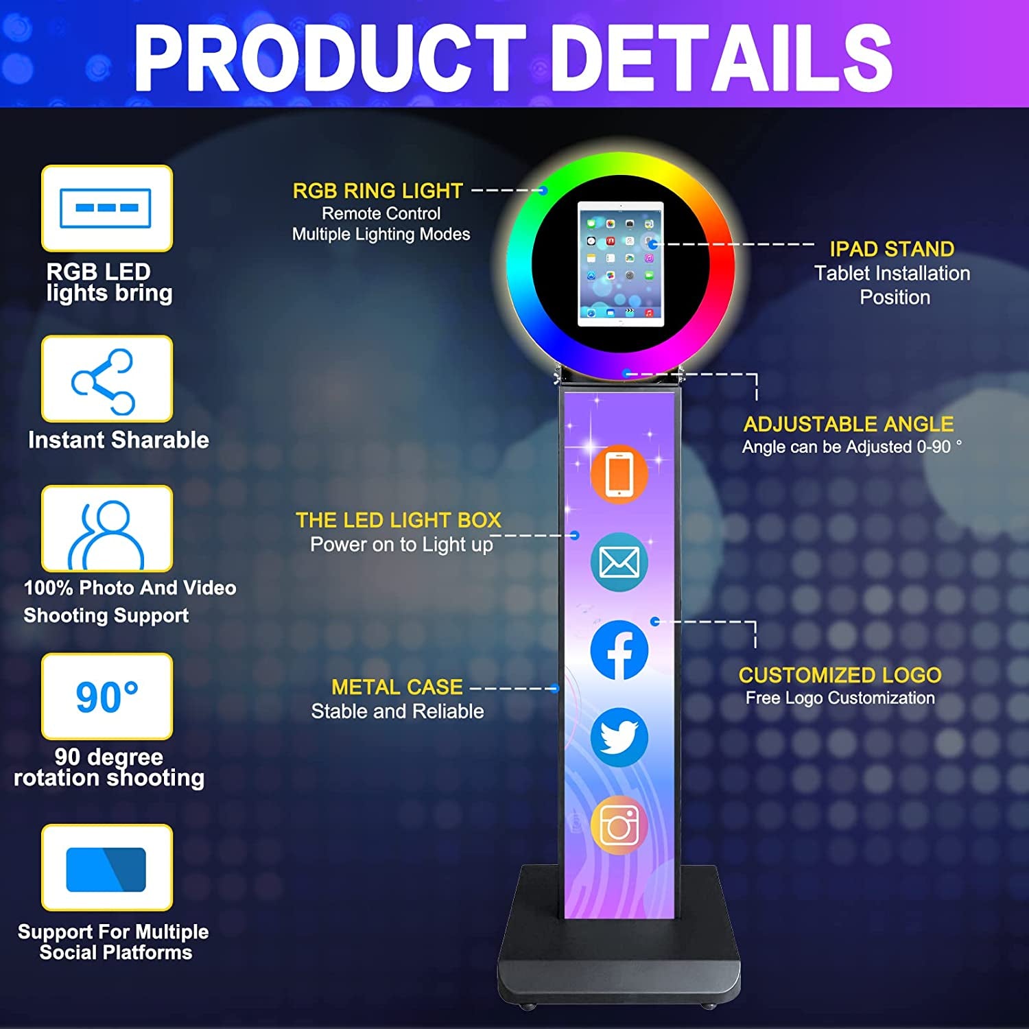 NETSOLAR Portable Photo Booth for 10.2'' Ipad Stand Shell Metal Selfie Photobooth Machine with Adjustable RGB LED Light Ring Free Custom Logo for Parties Wedding Exhibition Rental Business (Black)  NETSOLAR   