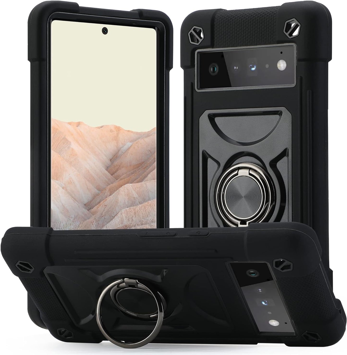 Eaycoul Compatible with Google Pixel 6 Pro Case with Ring Stand, Heavy-Duty Military Grade Shockproof Phone Cover with Magnetic Car Mount for Google Pixel 6 Pro (Rainbow Pink)  EayCoul Black  