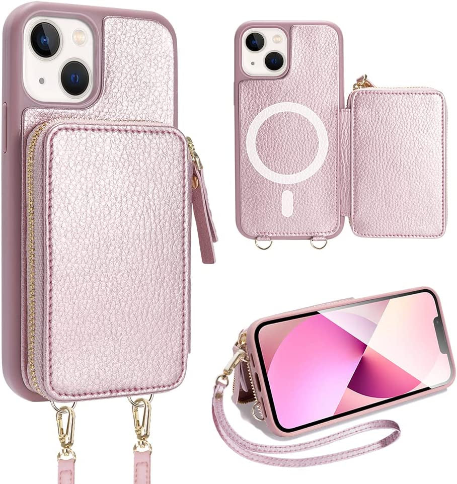 ZVE Iphone 14 Pro Crossbody Wallet Case Magsafe, Phone Case with RFID Blocking Card Holder Wrist Strap for Women, Zipper Leather Cover for Iphone 14 Pro, 6.1"-Black  ZVE Rose Gold iPhone 13 
