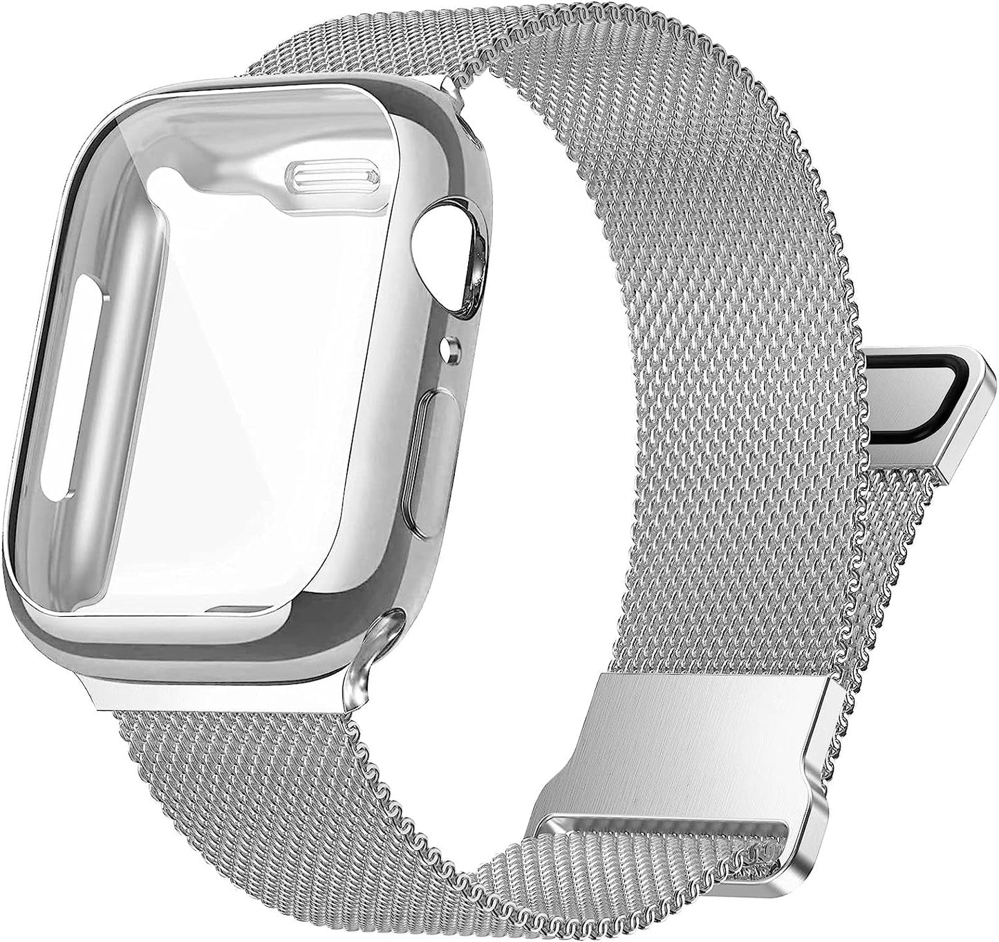 Zsuoop Metal Stainless Steel Band Compatible with Apple Watch Bands 38Mm 40Mm 41Mm 42Mm 44Mm 45Mm with Screen Protector Case,Magnetic Adjustable Strap for Iwatch Series 8/7/6/5/4/SE/3/2/1 Women Men  Zsuoop Silver 44mm 