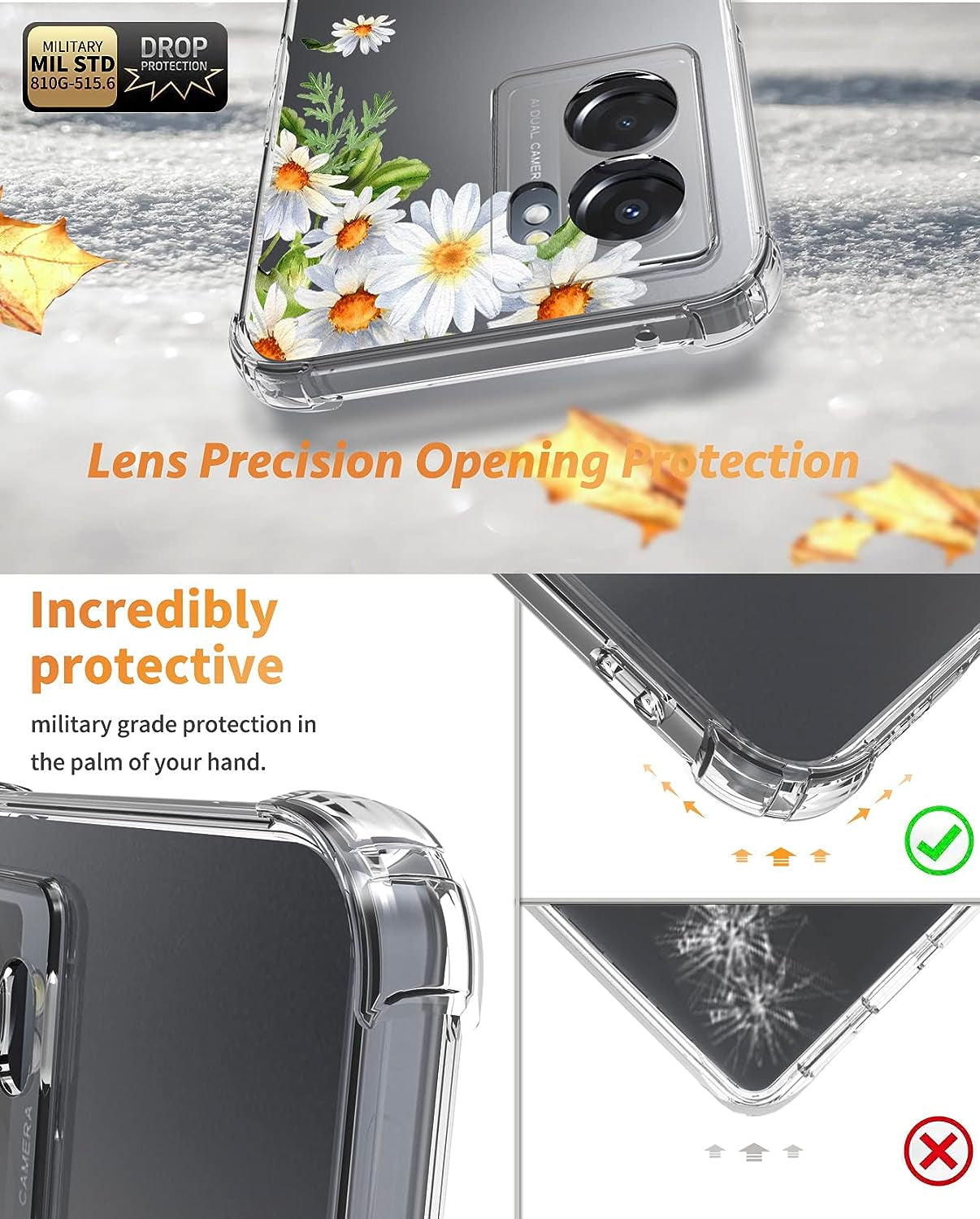 Dcwunk Compatible with Oneplus Nord N300 5G Case 6.56 Inch, Camera Lens Protector Flower Shockproof Clear Floral Design Protective Women Phone Cover, 2022 (Daisies)  Dcwunk   