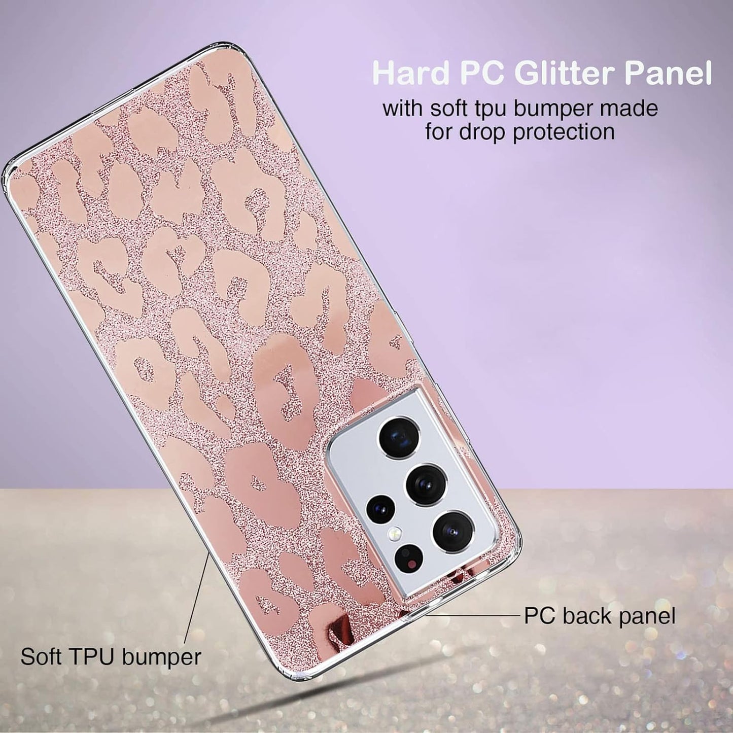 J.West Galaxy S21 Ultra 5G Case 6.8-Inch,Luxury Saprkle Bling Glitter Leopard Print Design Soft Metallic Slim Protective Phone Cases for Women Girls Clear TPU Bumper Silicone Cover Case Rose Gold  J.west   