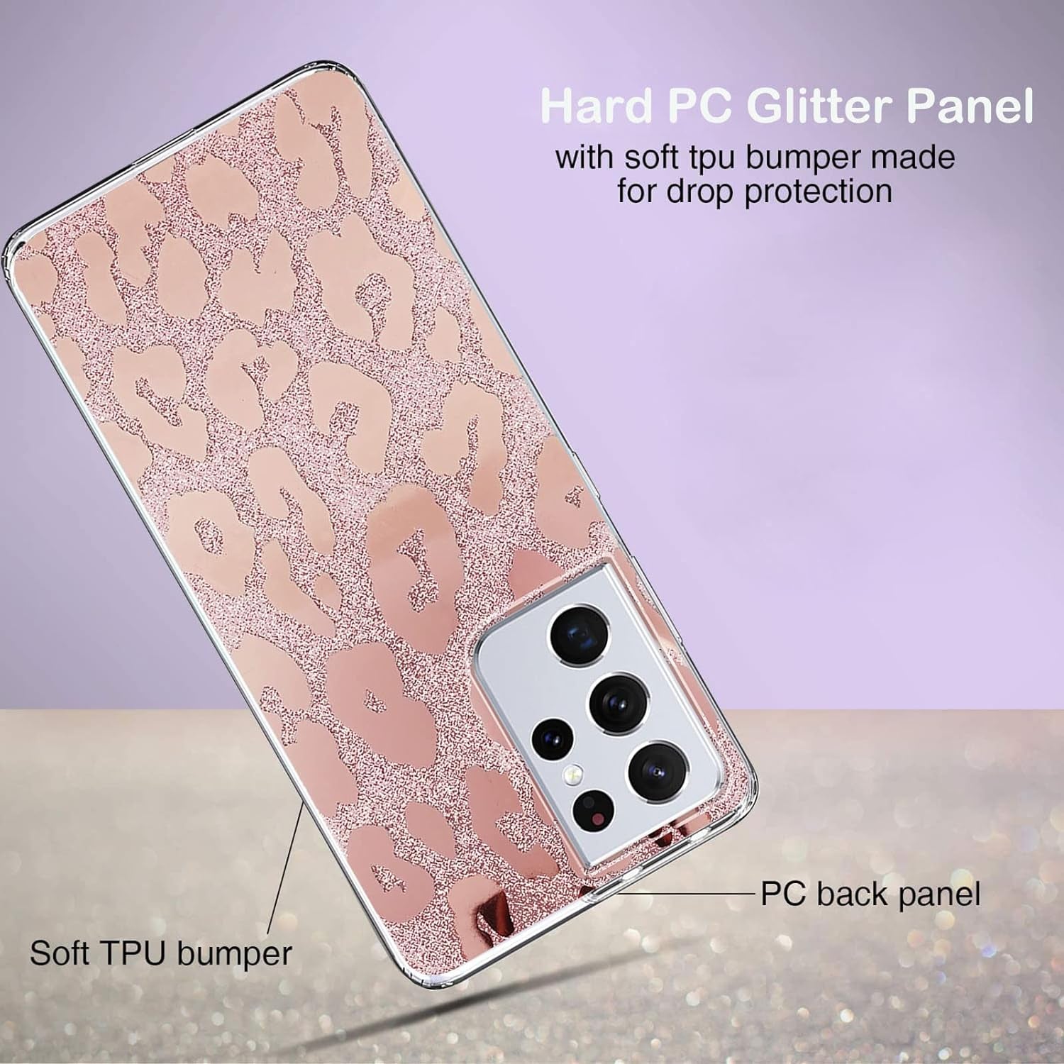 J.West Galaxy S21 Ultra 5G Case 6.8-Inch,Luxury Saprkle Bling Glitter Leopard Print Design Soft Metallic Slim Protective Phone Cases for Women Girls Clear TPU Bumper Silicone Cover Case Rose Gold  J.west   