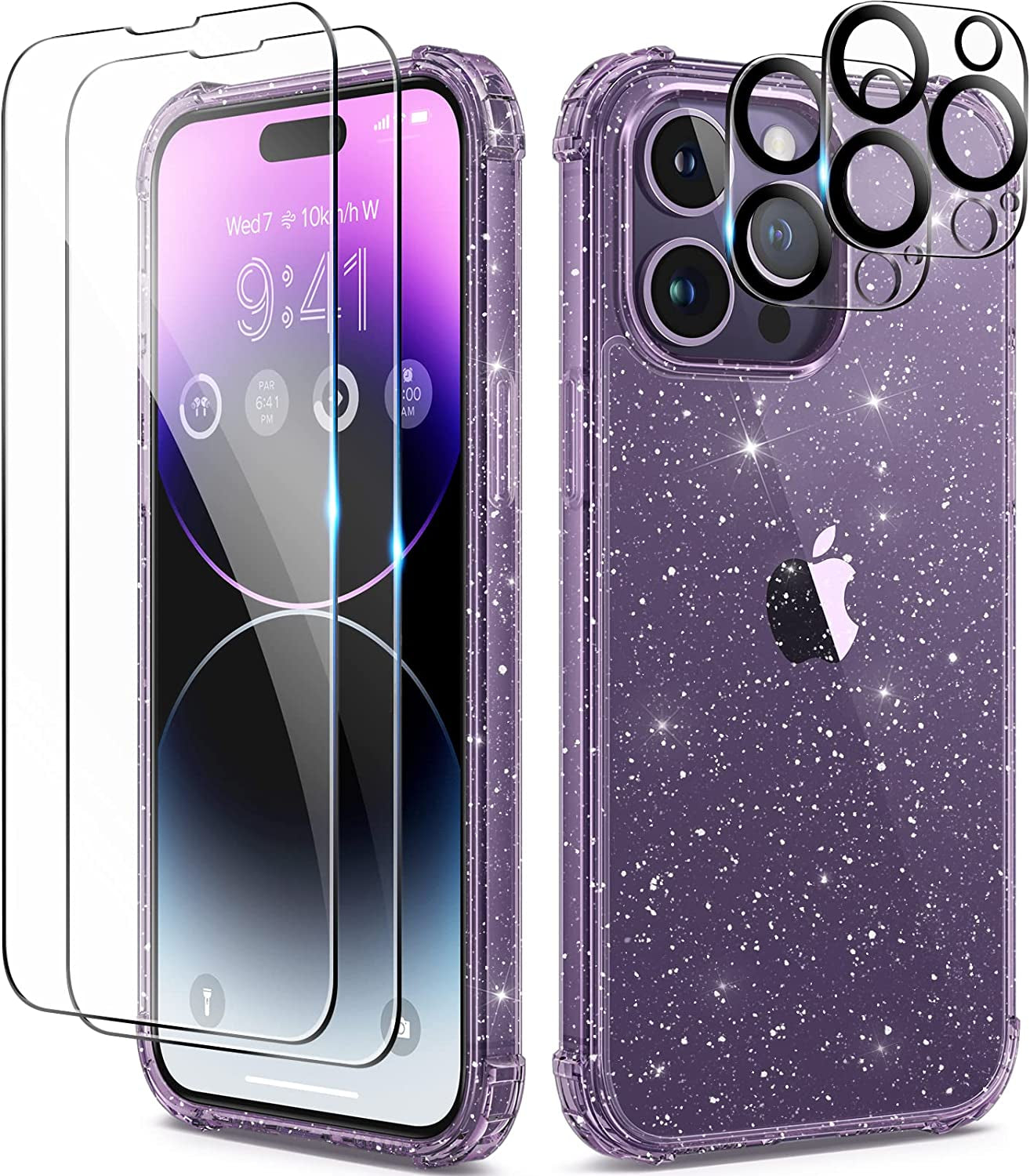 BERFY Glitter Case for Iphone 14 Pro Max, with 2Pcs Screen Protector+2Pcs Camera Protector, [Non-Yellowing] Clear Bling Sparkle Cute Shockproof Phone Case for Women, 6.7 Inch Cover, Glitter Clear  BERFY Clear Purple Iphone 14 Pro Max 6.7 Inch 