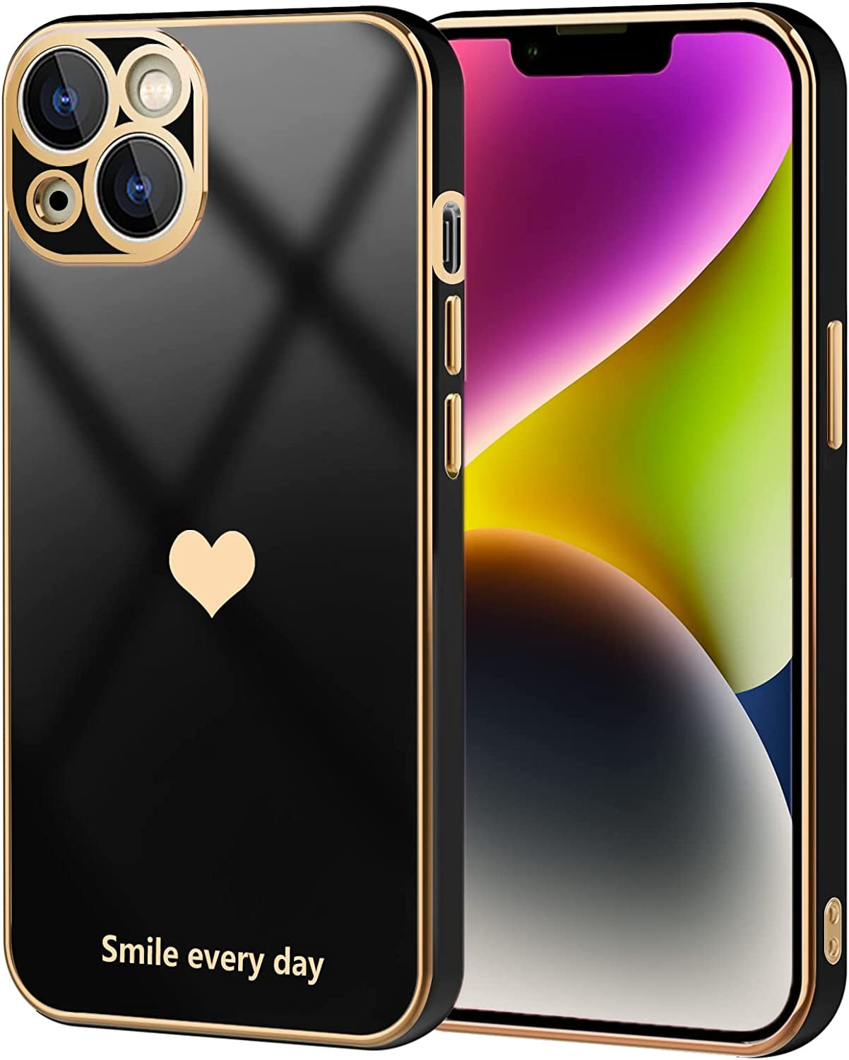 Tksafy for Iphone 14 Case, Cute Love Heart Pattern for Women Girls with Full Camera Protection, Anti-Scratch Plating Soft TPU Shockproof Bumper Phone Cover for Apple Iphone 14 6.1-Inch 2022, Black  Tksafy Black  