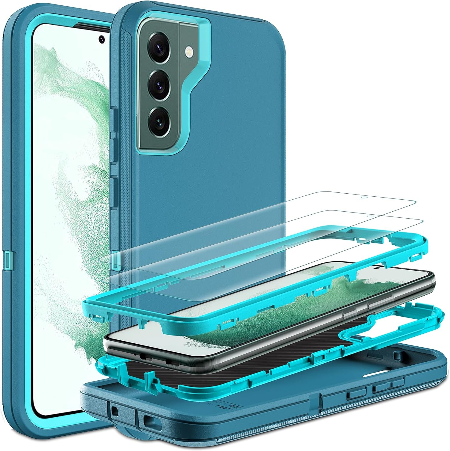 HONG-AMY for S22 plus Case, Samsung Galaxy S22 plus Case with Self Healing Flexible TPU Screen Protector [2 Pack], 3 in 1 Full Body Shockproof Heavy Duty Case for Galaxy S22 plus 5G (Red/Black)  HONG-AMY Blue/Turquoise  