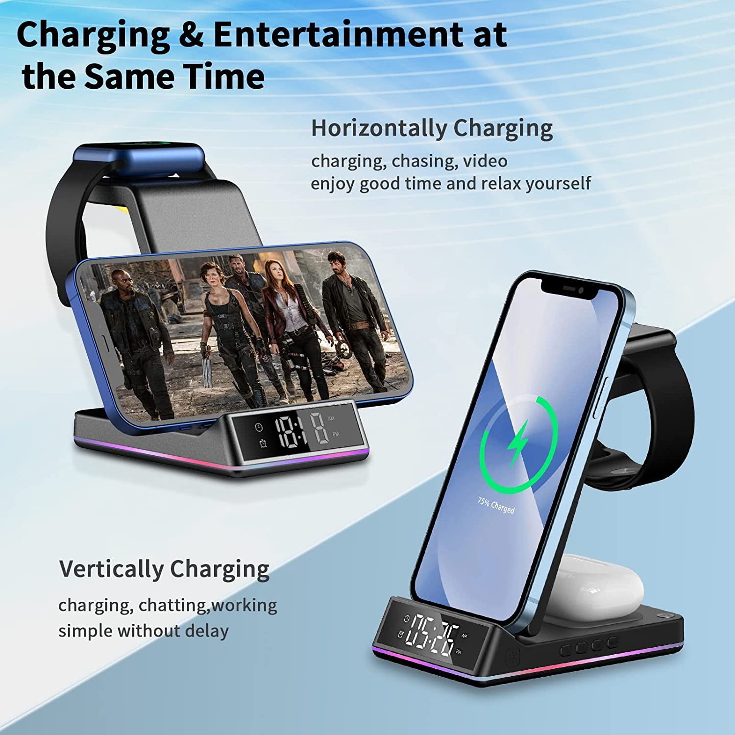 3 in 1 Wireless Charger Station Qi Fast Wireless Charging Dock with Clock and Night Light,Compatible with Apple Watch 7/6/5/4/3/2/SE & Airpods 3/2/Pro & Iphone 13/12/11/Samsung/More Qi Enabled Phones  Auzev   