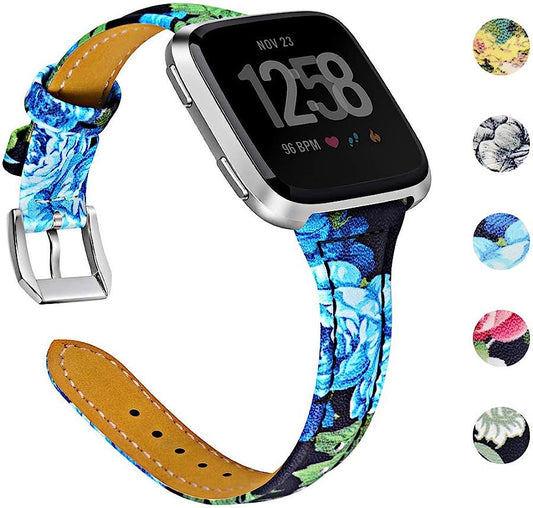 Tencloud Leather Bands Compatible for Fitbit Versa Strap Band Flower Printing One Size [5.5"-8.1"] Adjustable Slim Wristband for Fitbit Versa Smartwatch Accessory(F)  TenCloud   