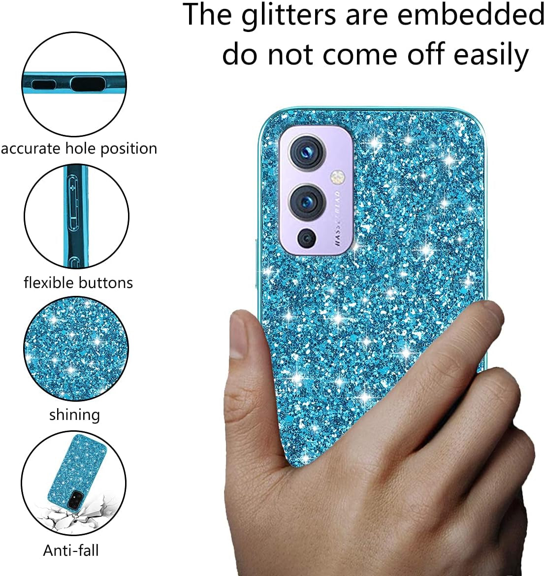 Compatible with Oneplus 9 Case Glitter Shockproof,Oneplus 9 Phone Case Bling Sparkly Soft TPU and PC Silicone Shiny Girl Women Thin Protective Cover (Blue)  Wousunly   