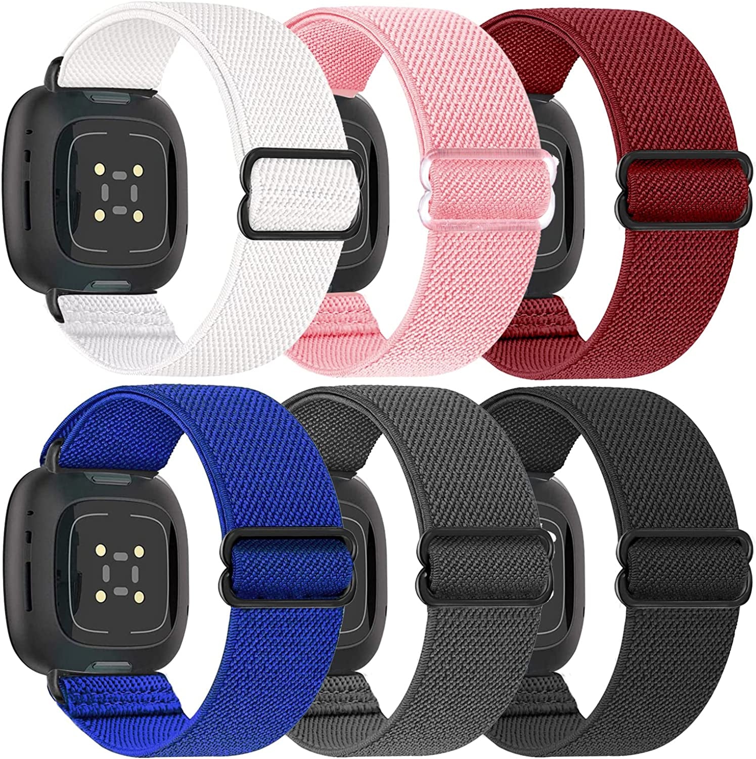 6 Packs Elastic Nylon Bands Compatible with Fitbit Versa 4 / Fitbit Sense 2 / Fitbit Versa 3 / Fitbit Sense, Adjustable Nylon Replacement Straps Wristband for Fitbit Versa 3/4 for Women Men  HUYIIO 6 Pack Glitter  