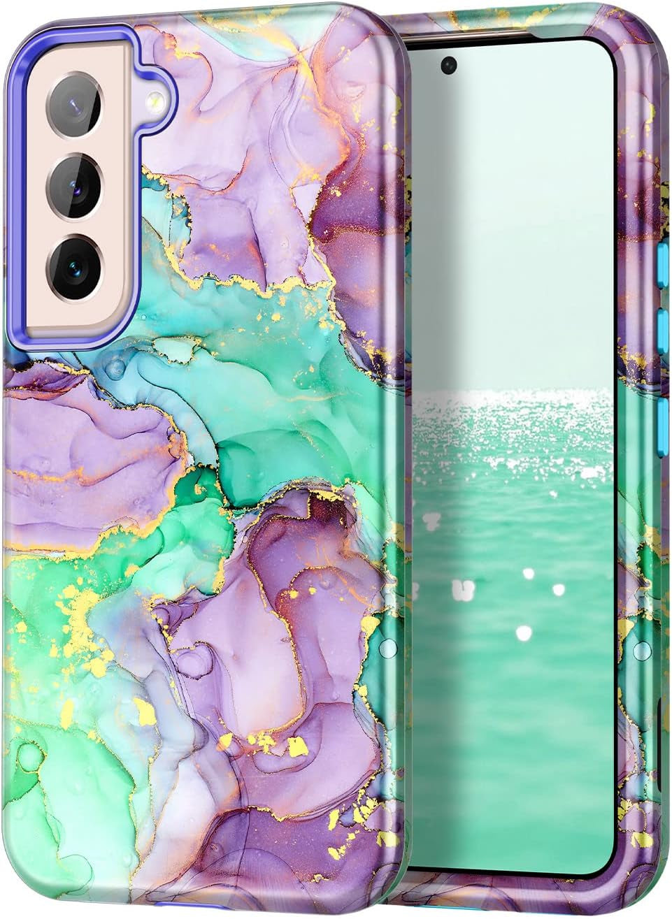 Btscase for Samsung Galaxy S22+/S22 plus 5G Case, Marble Pattern 3 in 1 Heavy Duty Shockproof Full Body Rugged Hard Pc+Soft Silicone Drop Protective Women Girl Covers for S22+/S22 Plus, Blue Gray  Btscase Purple Green  