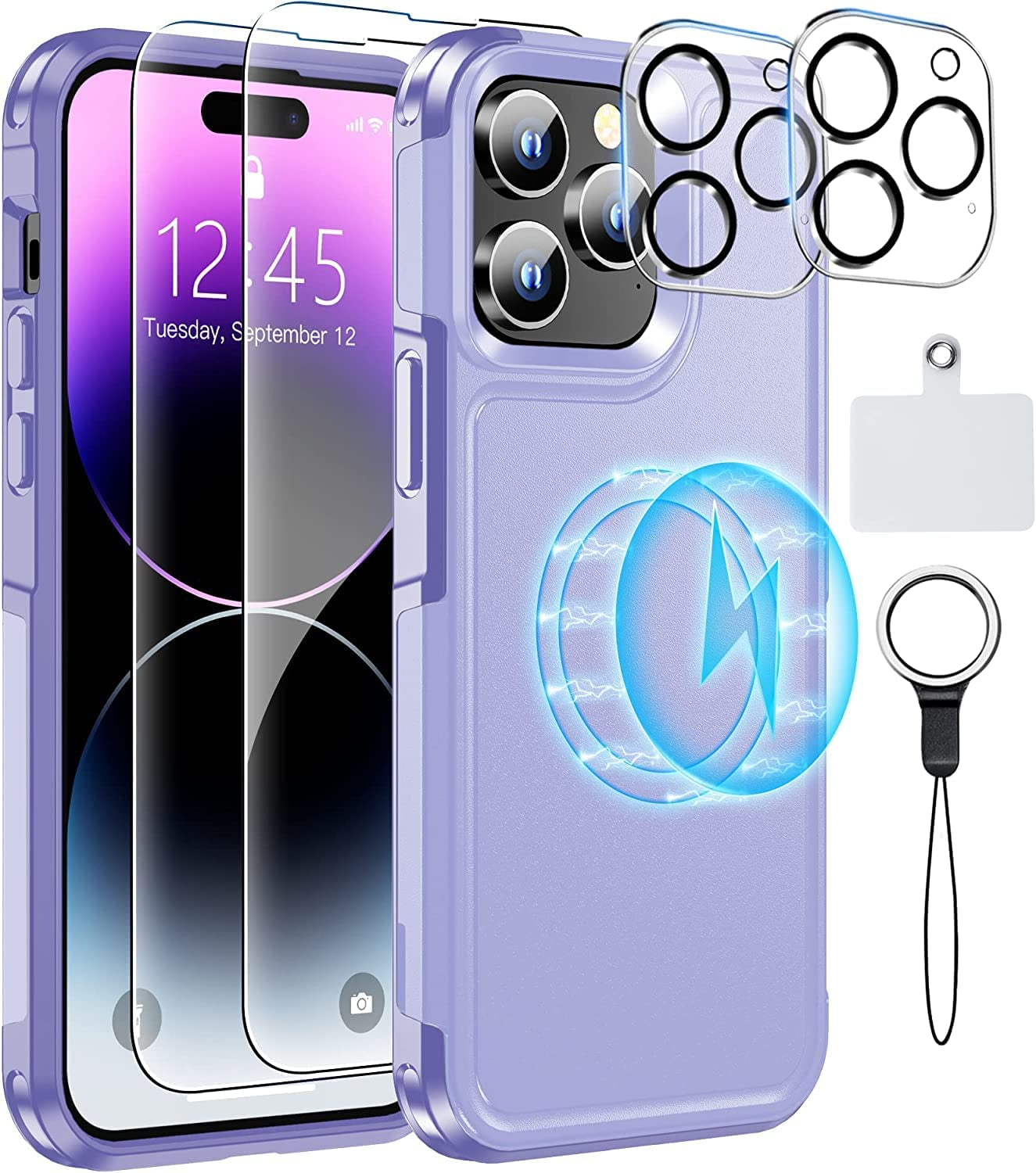 MOZOTER Magnetic for Iphone 14 Pro Max Phone Case [Compatible with Magsafe][Military Grade Drop Protection][Glass Screen Protector+Camera Lens Protector] Heavy Duty Shockproof Case 6.7 Inch-Black  MOZOTER Purple  