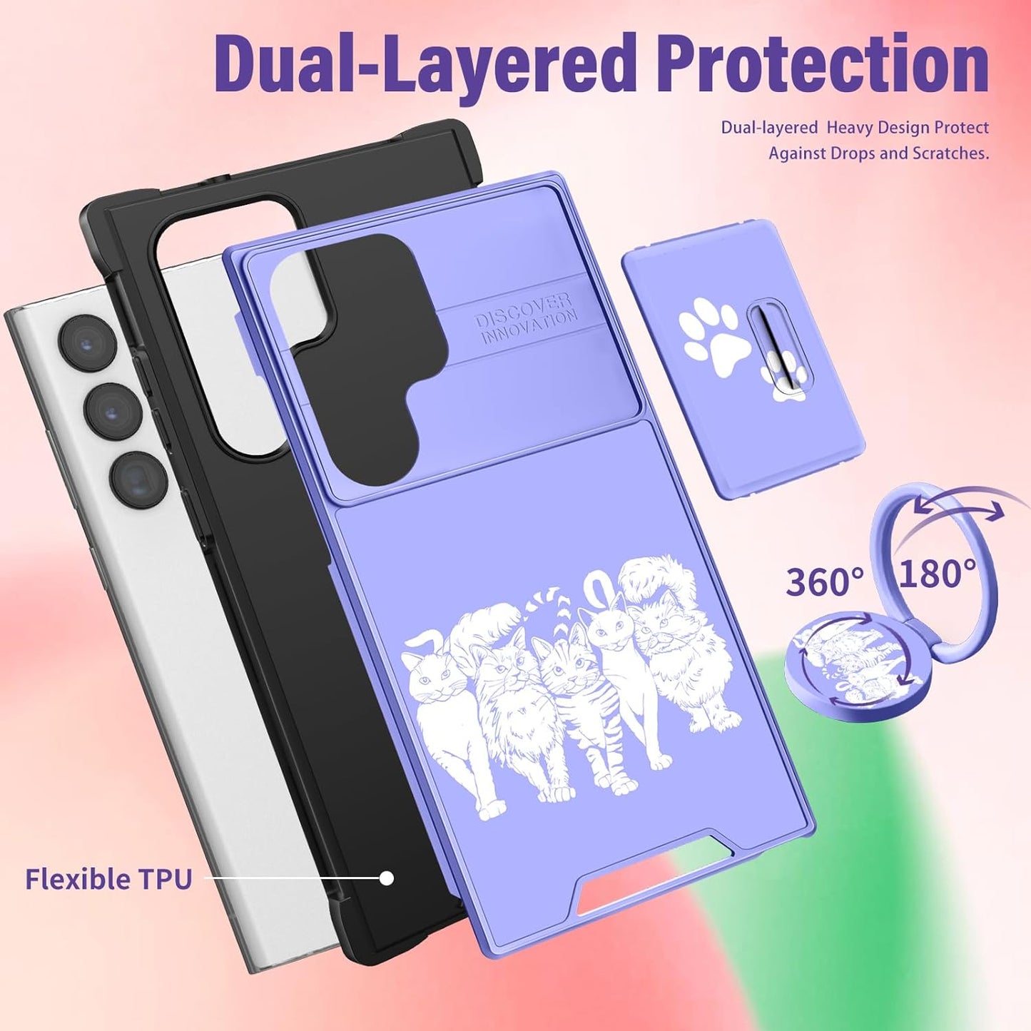 Funermei (2In1 for Samsung Galaxy S22 Ultra Case for Women Cute Cats Girls Animals Phone Cover Kawaii Girly Blue Pretty Design with Camera Cover+ Ring Stand Funda for Galaxy S22 Ultra Case 5G  Funermei   