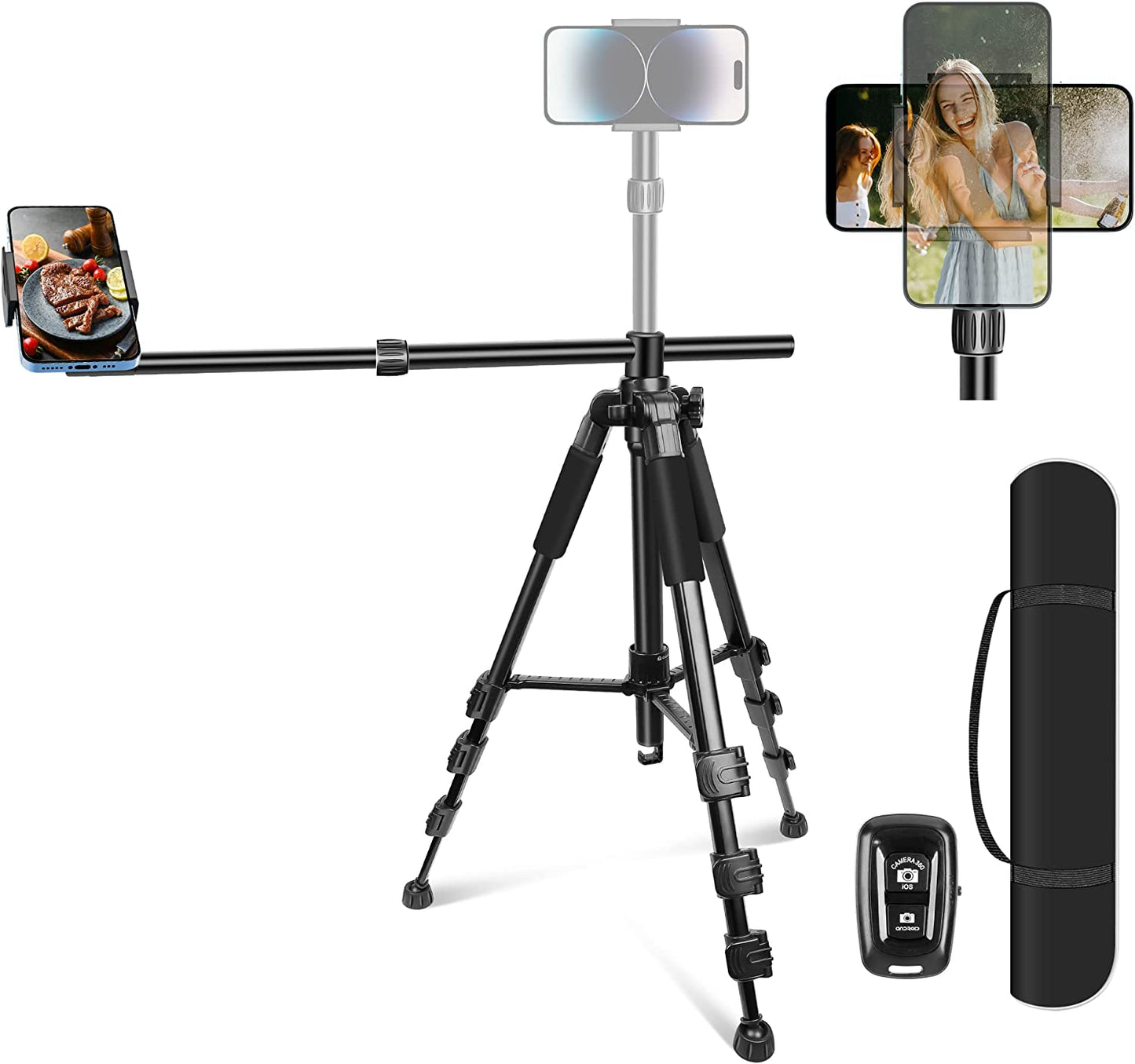 Elitehood Iphone Tripod for Overhead Video Recording [Heavy Duty & Ultra-Stable], 25In Horizontal Long Extendable Boom, 360° Rotation Iphone Tripod Stand with Remote, Vertical 71" Tall Phone Tripod  elitehood   