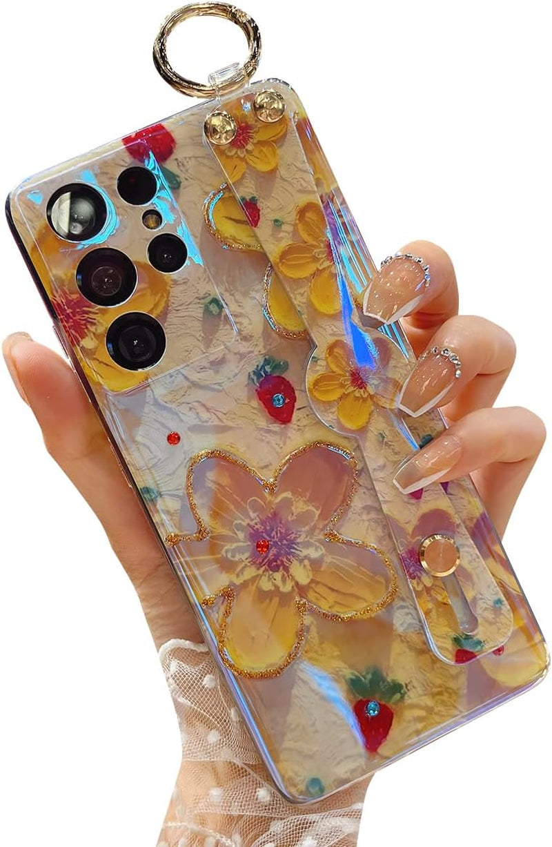 Meishangmei for Samsung Galaxy S21 Ultra Case 6.8" Sparkle Bling with Strap Stand Cute Pattern IMD Design Silicone Shockproof Protective Glitter Cases Cover for Girls and Women - Pink Dumbo  Meishangmei Yellow Flower  