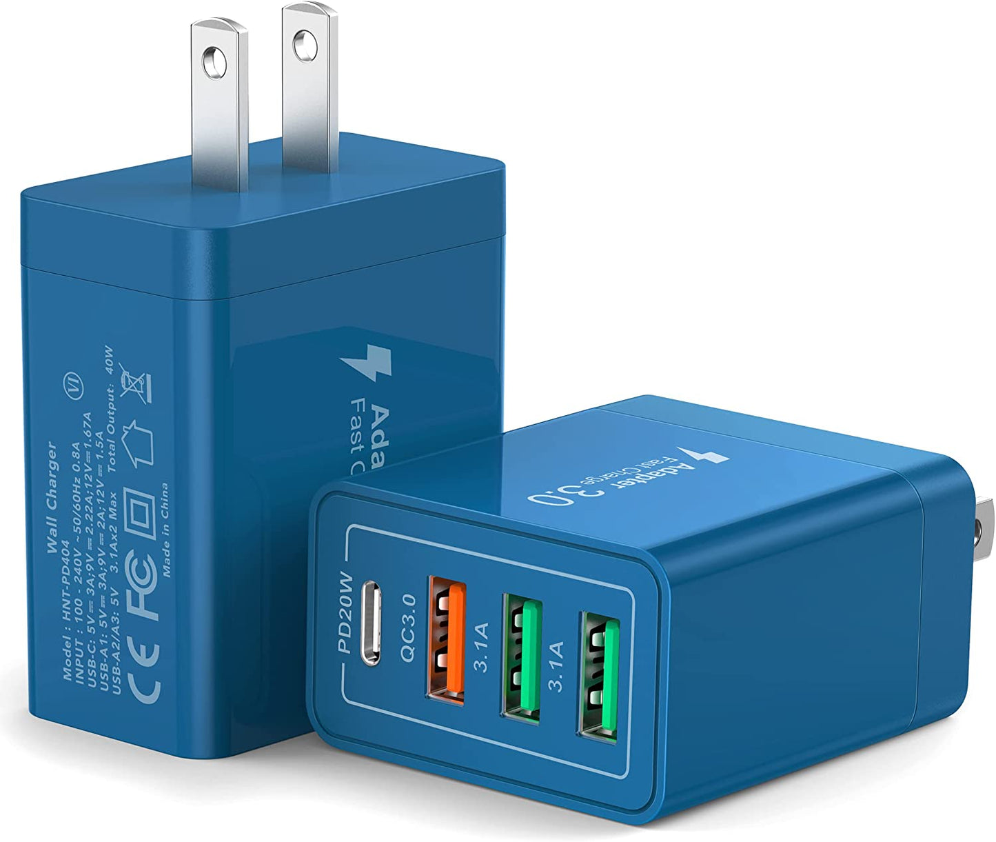 [2 Pack] USB-C Wall Charger, 40W Durable 4Port QC+PD 3.0 Power Adapter, Double Fast Plug Charging Block for Iphone 14/14 Pro/14 Pro Max/14 Plus/13/12/11, XS/XR/X, Watch Series 8/7 Cube(White)  CSODINCE Dark Blue  