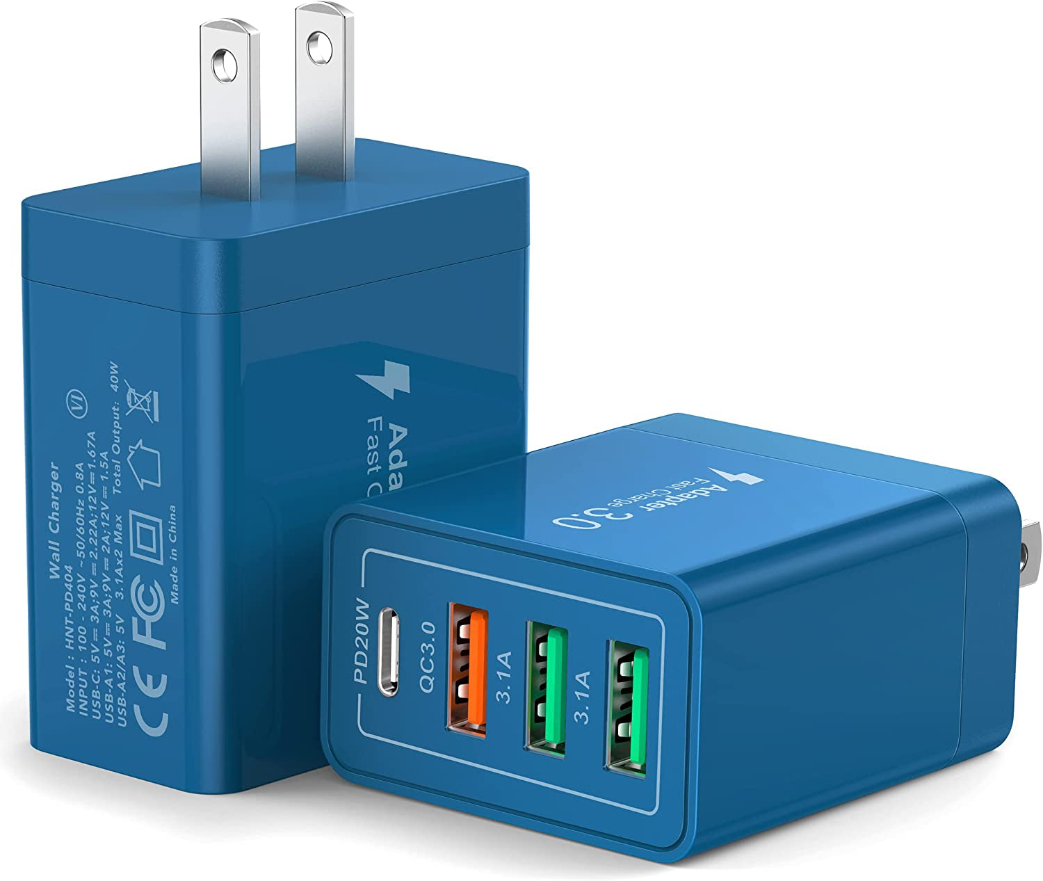 [2 Pack] USB-C Wall Charger, 40W Durable 4Port QC+PD 3.0 Power Adapter, Double Fast Plug Charging Block for Iphone 14/14 Pro/14 Pro Max/14 Plus/13/12/11, XS/XR/X, Watch Series 8/7 Cube(White)  CSODINCE Dark Blue  