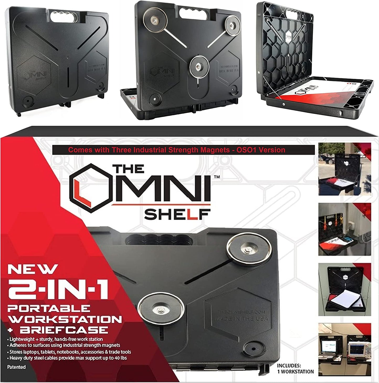 The Omnishelf Magnetic Portable Workstation + Toolbox, Computer & Laptop Stand, Multimeter Case, Utility Shelf W/ 40 Lb Capacity, Hands Free Workstation Attaches to HVAC, Truck, Cabinet, Etc (Magnets)  OmniShelf LLC   