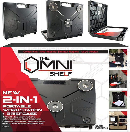 The Omnishelf Magnetic Portable Workstation + Toolbox, Computer & Laptop Stand, Multimeter Case, Utility Shelf W/ 40 Lb Capacity, Hands Free Workstation Attaches to HVAC, Truck, Cabinet, Etc (Magnets)  OmniShelf LLC   