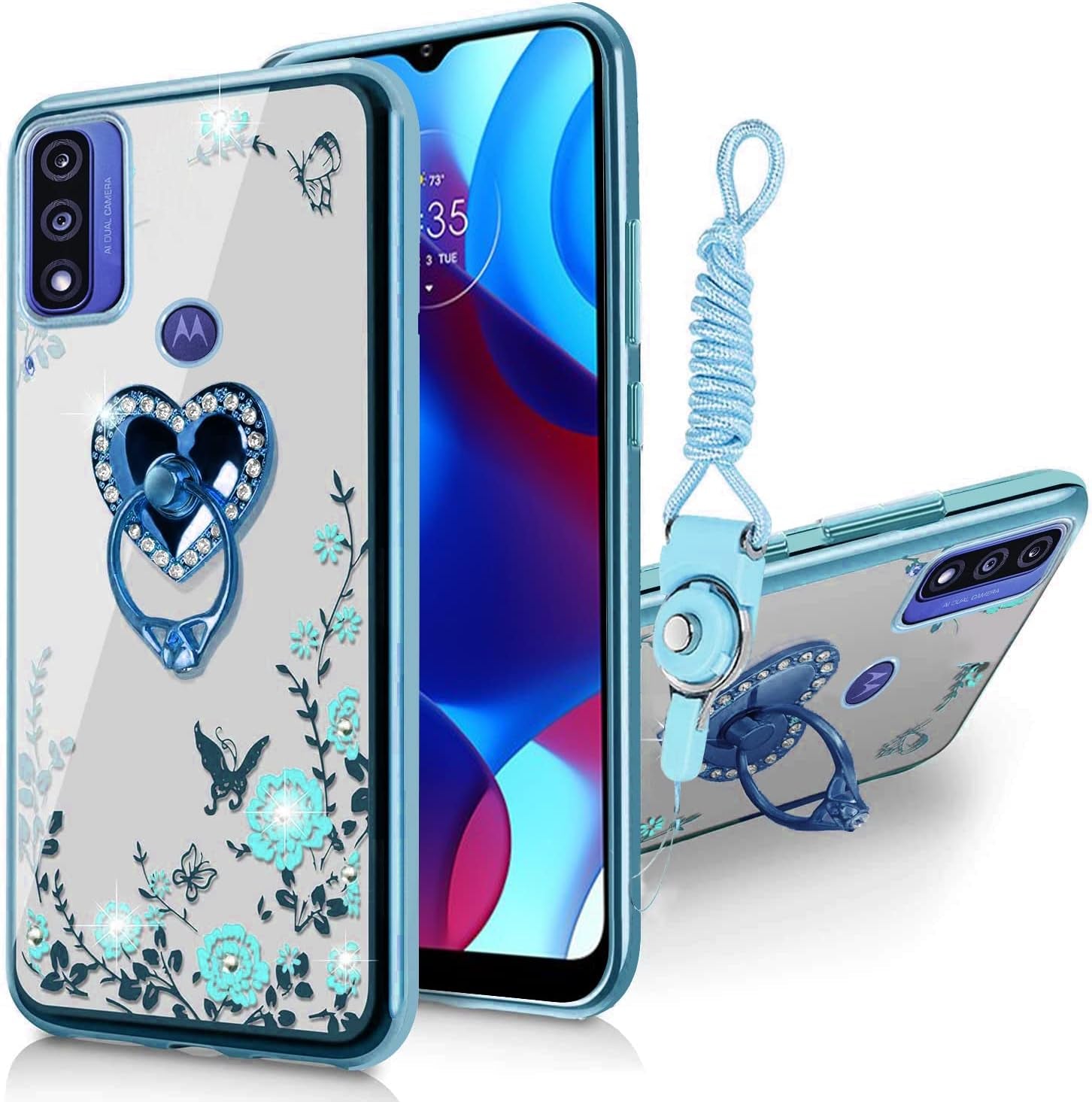 B-Wishy for Moto-G Pure Phone Case,Moto G-Power 2022 Case with Kickstand Ring Holder,Square Rivet for Girls Women Anti-Shock Slim Shockproof TPU Cover Phone Case for Moto G Play 2023(Y Black)  B-wishy Butterfly Blue  