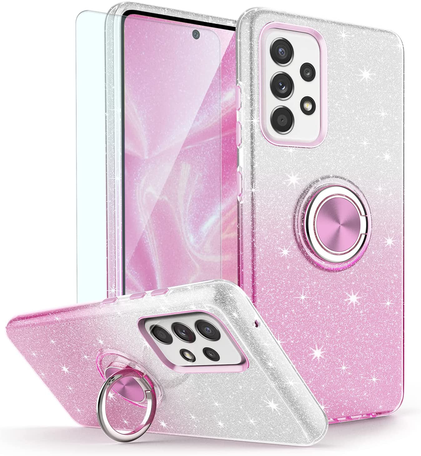 TJS Compatible with Samsung Galaxy A53 5G Case, with Tempered Glass Screen Protector, Metal Ring Magnetic Support Kickstand Tone Shinny Glitter Girls Women Protector Phone Case (Purple)  TJS Pink  