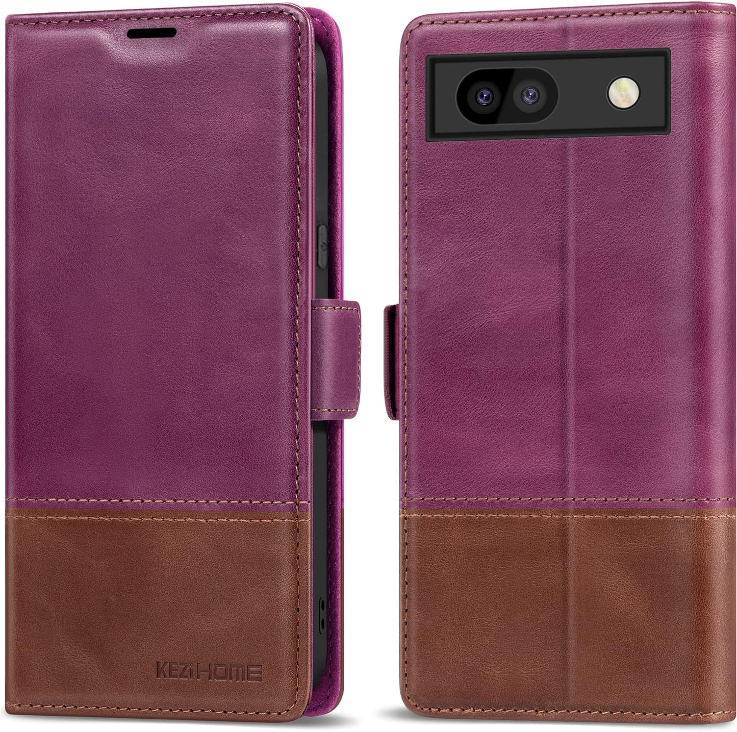 Kezihome Case for Google Pixel 7A, Genuine Leather Wallet Case with Card Holder [RFID Blocking] Kickstand Flip Protective Heavy Duty Phone Cover for Google Pixel 7A 5G 2023 (Red/Brown)  KEZiHOME Purple/Brown Google Pixel 7A 