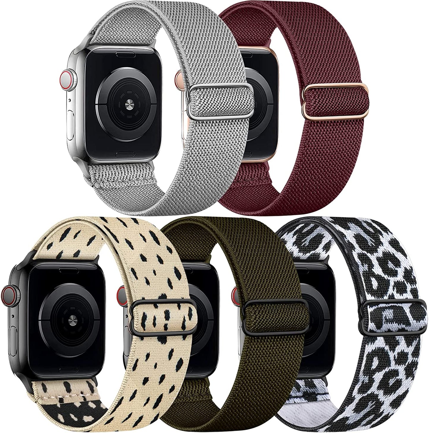 Cangroo 5 Pack Stretchy Nylon Bands Compatible with Apple Watch Band 38Mm 40Mm 41Mm 42Mm 44Mm 45Mm 49Mm for Women Men, Elastic Solo Loop Braided Wristbands for Iwatch SE Ultra Series 8 7 6 5 4 3 2 1  Cangroo Light Grey/Wine Red/Cheetah Dot/Army Green/Snow Leopard 42mm/44mm/45mm/49mm 
