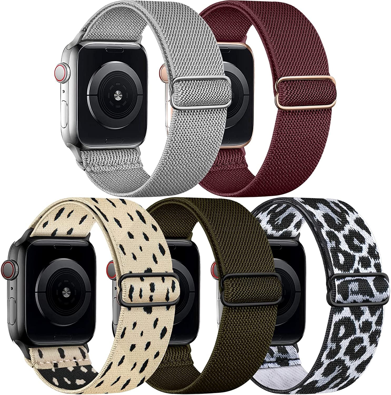 Cangroo 5 Pack Stretchy Nylon Bands Compatible with Apple Watch Band 38Mm 40Mm 41Mm 42Mm 44Mm 45Mm 49Mm for Women Men, Elastic Solo Loop Braided Wristbands for Iwatch SE Ultra Series 8 7 6 5 4 3 2 1  Cangroo Light Grey/Wine Red/Cheetah Dot/Army Green/Snow Leopard 42mm/44mm/45mm/49mm 