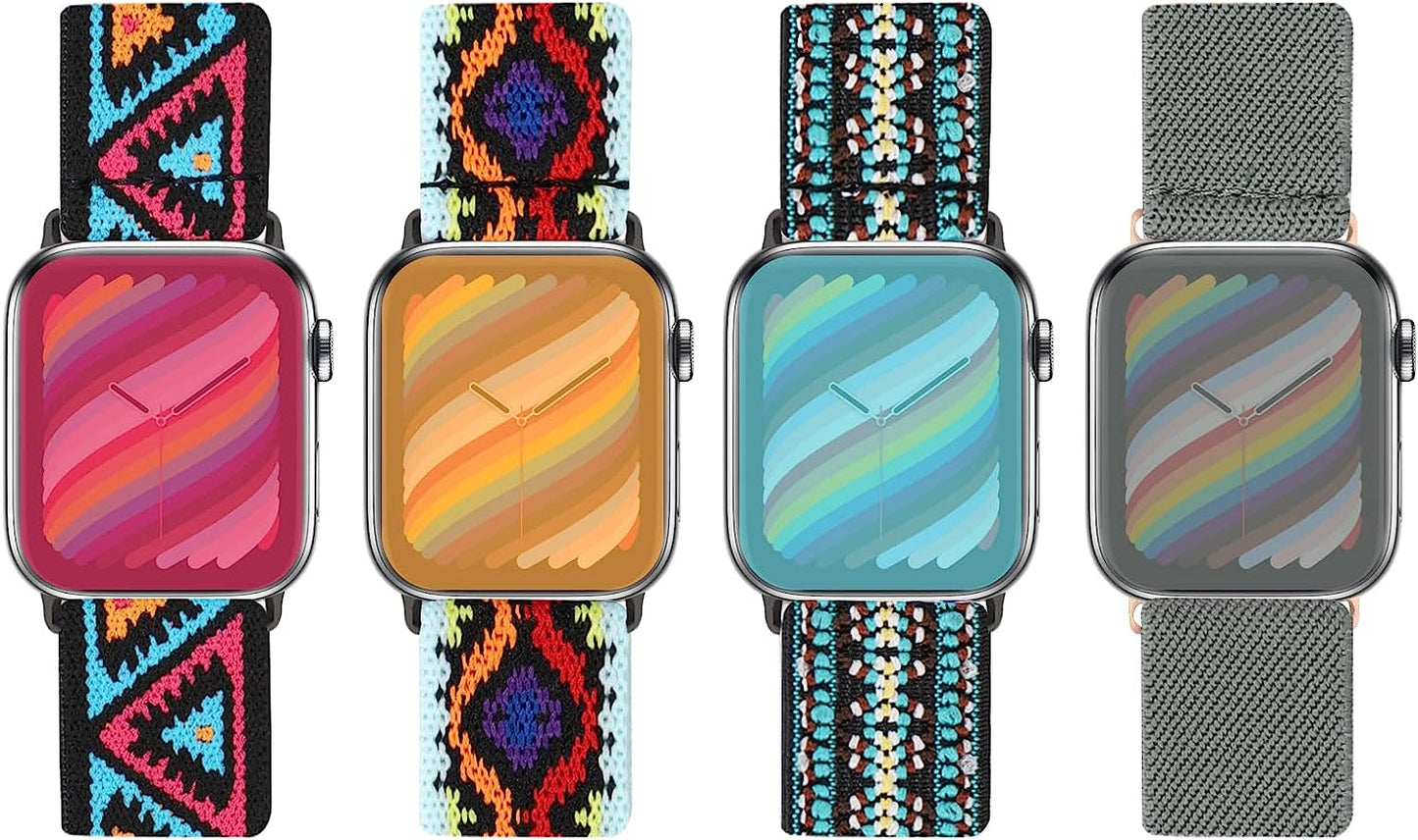 Silutupo Stretchy Bands Compatible with Apple Watch Band 38Mm 40Mm 41Mm for Women - 4 Pack Braided Nylon Watch Band Compatible for Iwatch Series 7 6 5 4 3 2 1 SE  Silutupo Wave/Triangle/Boho Green/Green  