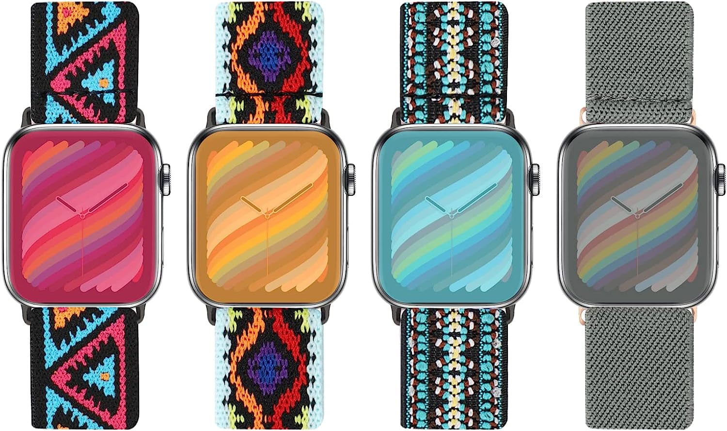 Silutupo Stretchy Bands Compatible with Apple Watch Band 38Mm 40Mm 41Mm for Women - 4 Pack Braided Nylon Watch Band Compatible for Iwatch Series 7 6 5 4 3 2 1 SE  Silutupo Wave/Triangle/Boho Green/Green  