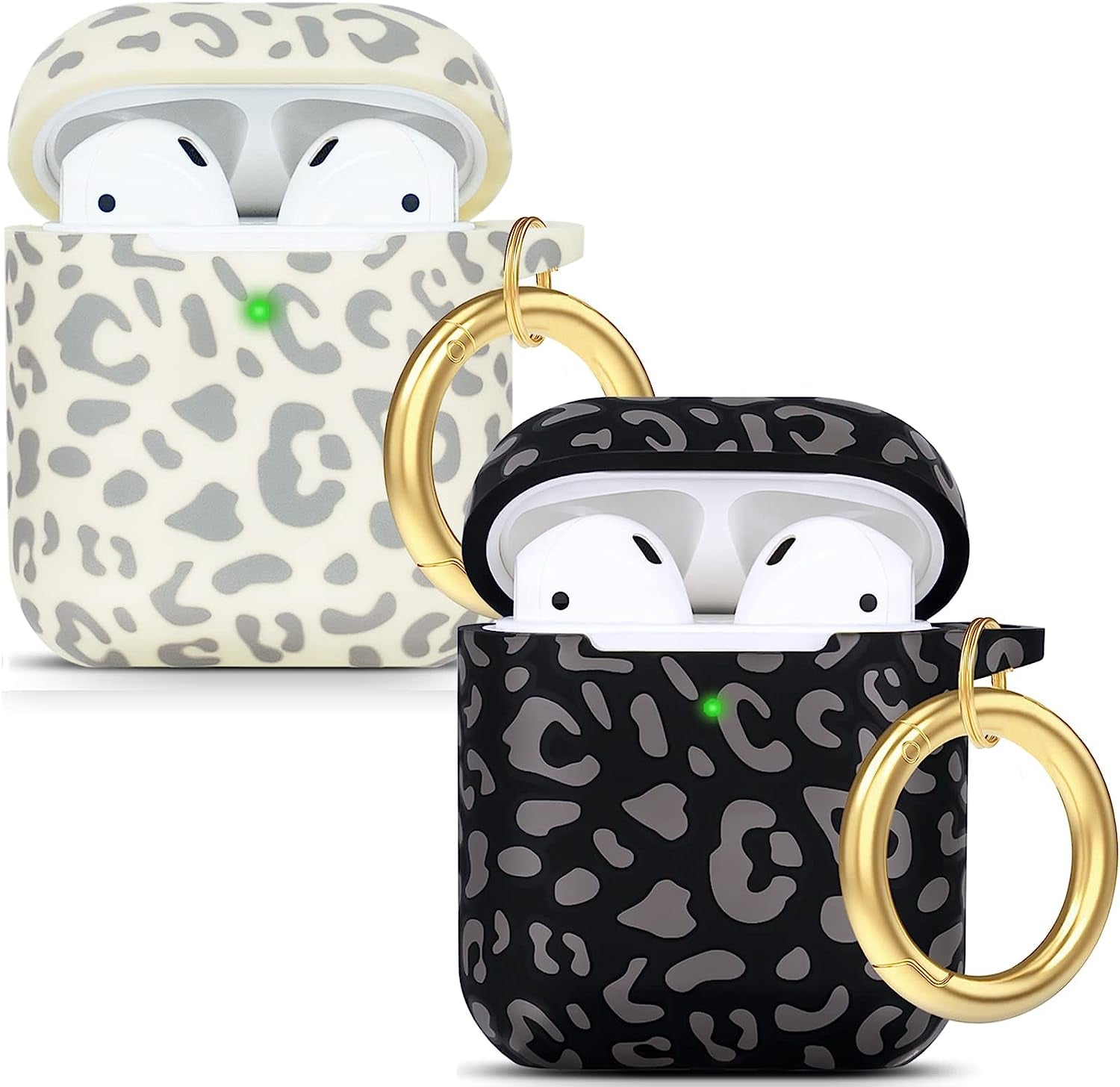 Cheetah Silicone Airpods Case, Gawnock Soft Earpod Case Cover Flexible for Airpods 2Nd/1St Generation Floral Print Cover for Women Girls with Keychain - Khaki Leopard  Gawnock 2Pack (Gray + Beige Leopard)  