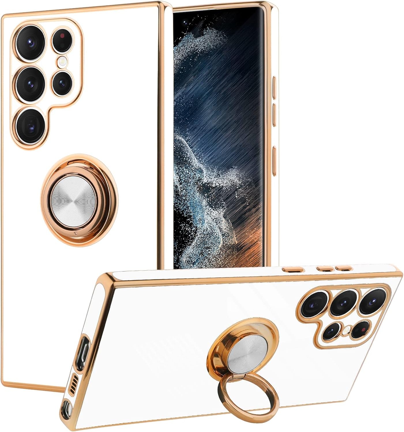 KANGHAR Compatible with Samsung Galaxy S23 5G Case for Women Girls, Plating Built-In 360 Rotation Magnetic Ring Kickstand Holder Soft Slim Shockproof Bumper Protective Cover (Blue)  KANGHAR White Samsung Galaxy S23 Ultra 