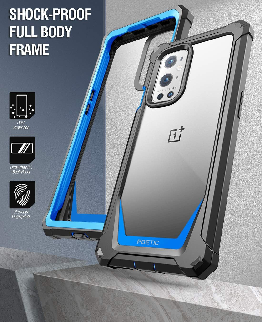 Poetic Guardian Case Designed for Oneplus 9 Pro 5G, Built-In Screen Protector Work with Fingerprint ID, Full Body Hybrid Shockproof Bumper Cover Case, Blue/Clear  Poetic   
