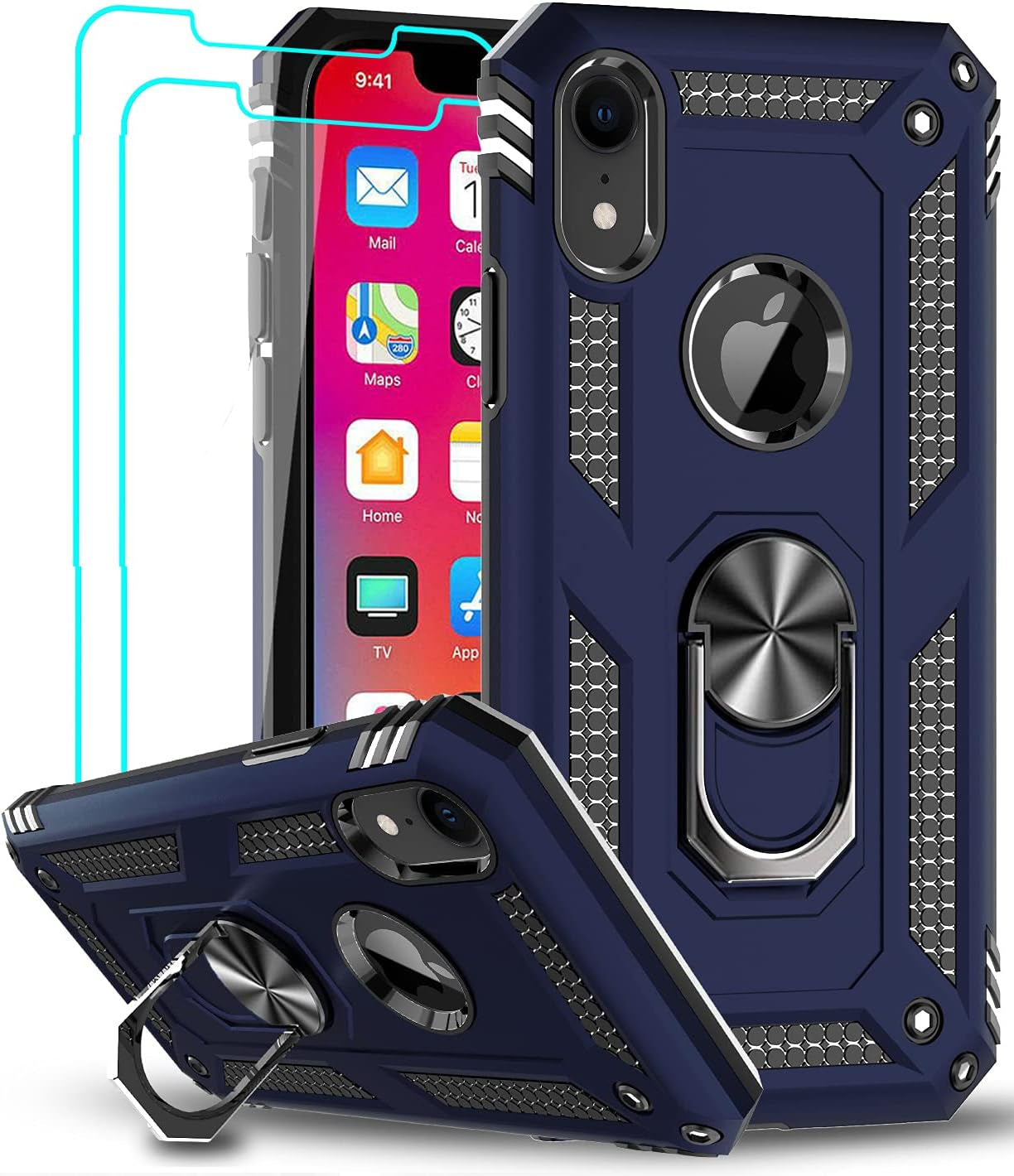 Leyi for Iphone XR Case, Iphone XR Case with Stand and [2PCS] Tempered Glass Screen Protector for Men, Heavy Duty Protective Hard Case with Metal Ring for Apple Iphone 10 XR, Black  LeYi Blue  