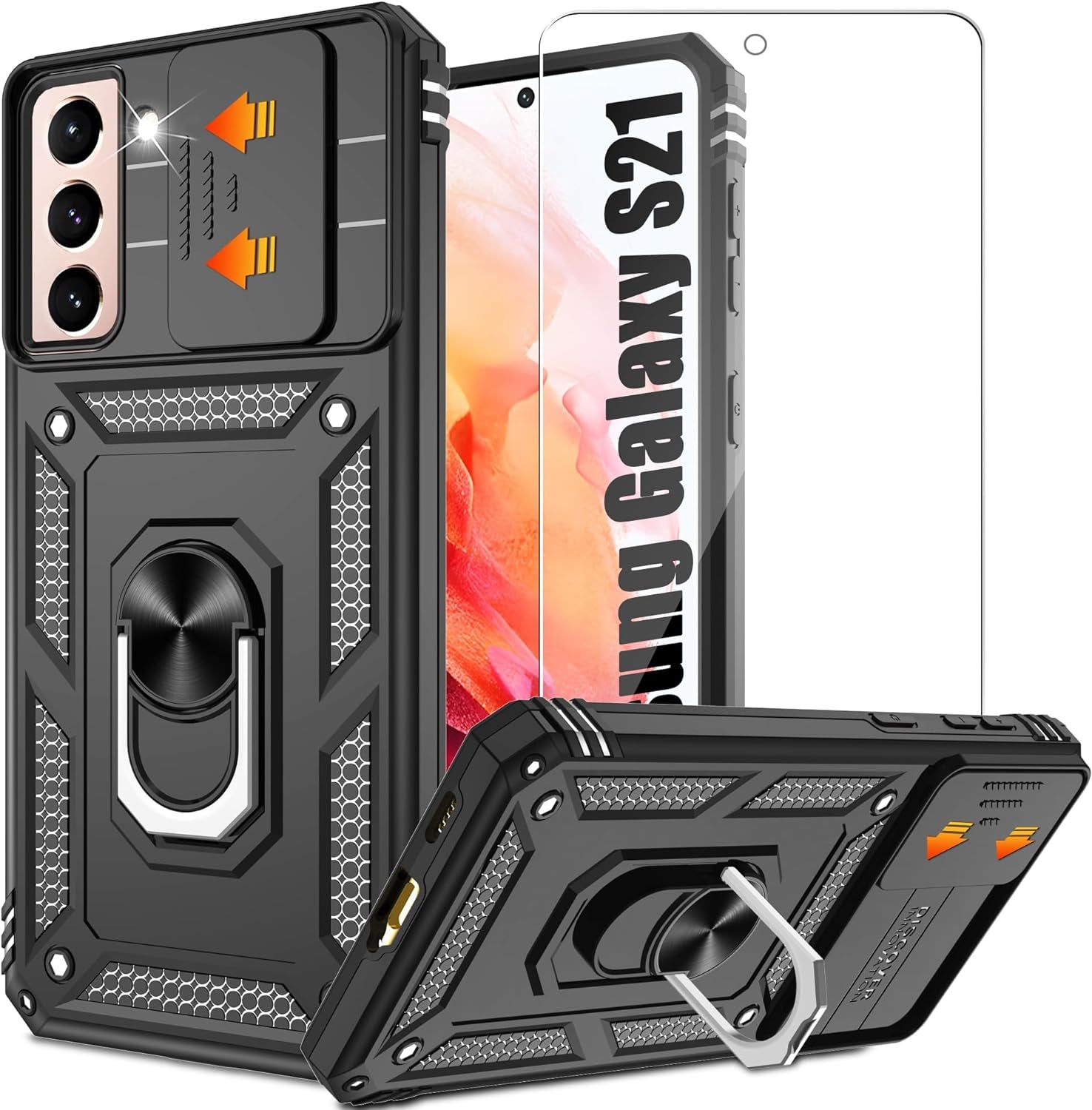 ATUMP for Galaxy S21 Case with HD Screen Protector, Build in 360° Magnetic Ring Holder Kickstand [Military Grade] Protective Case for Samsung Galaxy S21 Case 5G,Rose Gold  Atump Black  