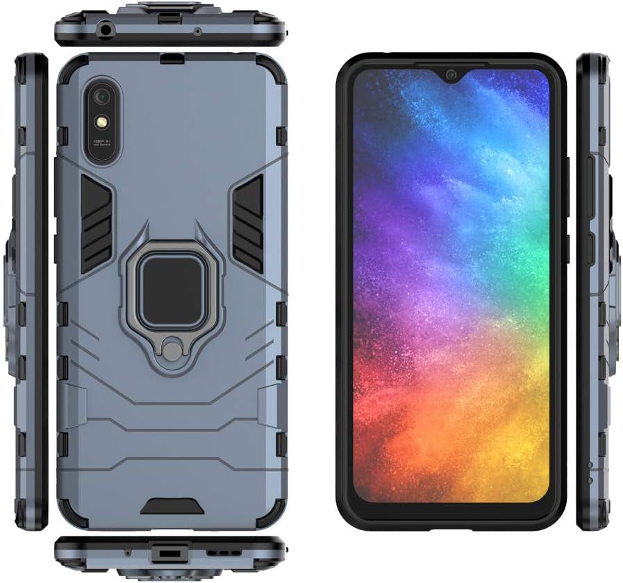 Fadream for Xiaomi Redmi 9A Case, Rugged Shockproof Dual Layer Heavy Duty Protective Kickstand Cover with [2 Pack] Tempered Glass Screen Protector (Blue)  FaDream   