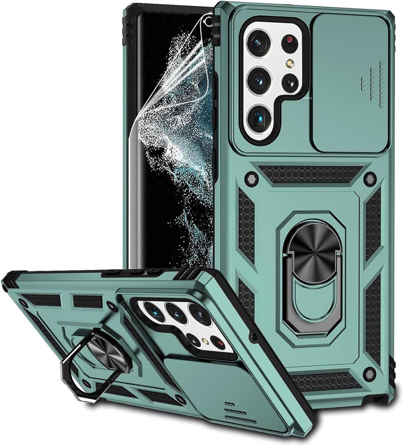 For Samsung Galaxy S22 Ultra Case with Camera Lens Cover HD Screen Protector, Military-Grade Drop Tested Magnetic Ring Holder Kickstand Protective Phone Case for Samsung Galaxy S22 Ultra 5G (Purple)  JINZHI Inc Dark Green With Camera Cover Military-Grade  