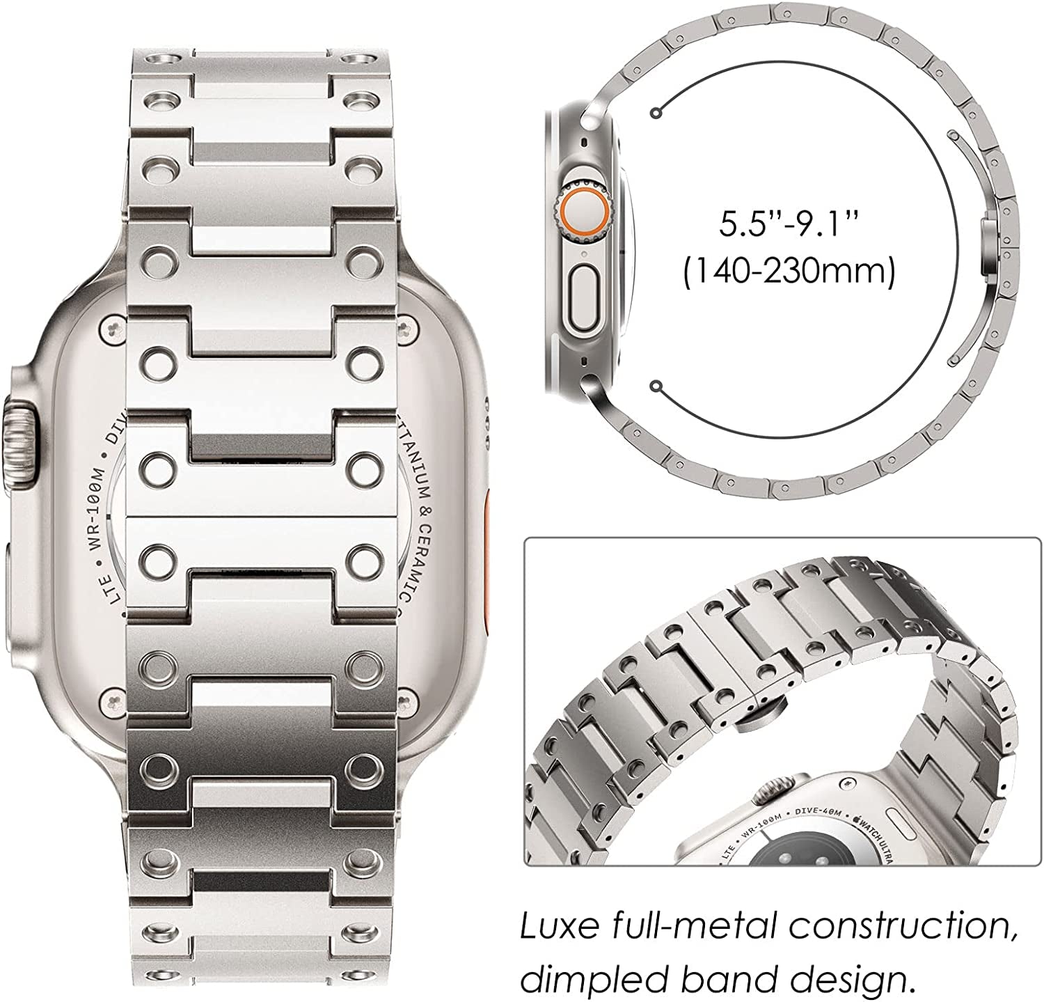 Fullife Compatible with Apple Watch Ultra Band 49Mm 45Mm 44Mm 42Mm Stainless Steel Metal Link with Butterfly Clasp for Men Women for Iwatch Series 8 Series 7 SE/6/5/4/3/2/1, Titanium  Fullife   