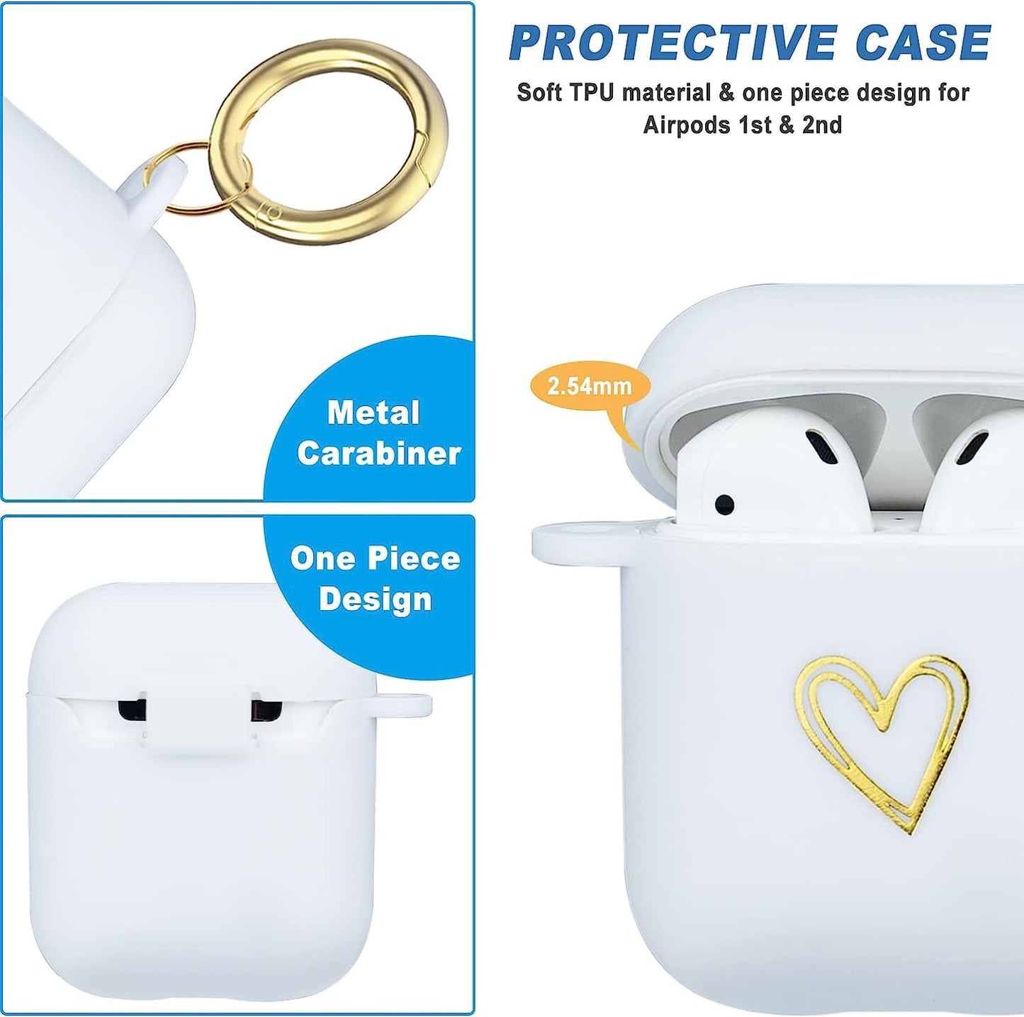 Wonjury Airpods Case Soft TPU Gold Heart Pattern Cute with Keychain Shockproof Cover Case for Girls Woman Apple Airpods 2 &1 - White  Wonjury   