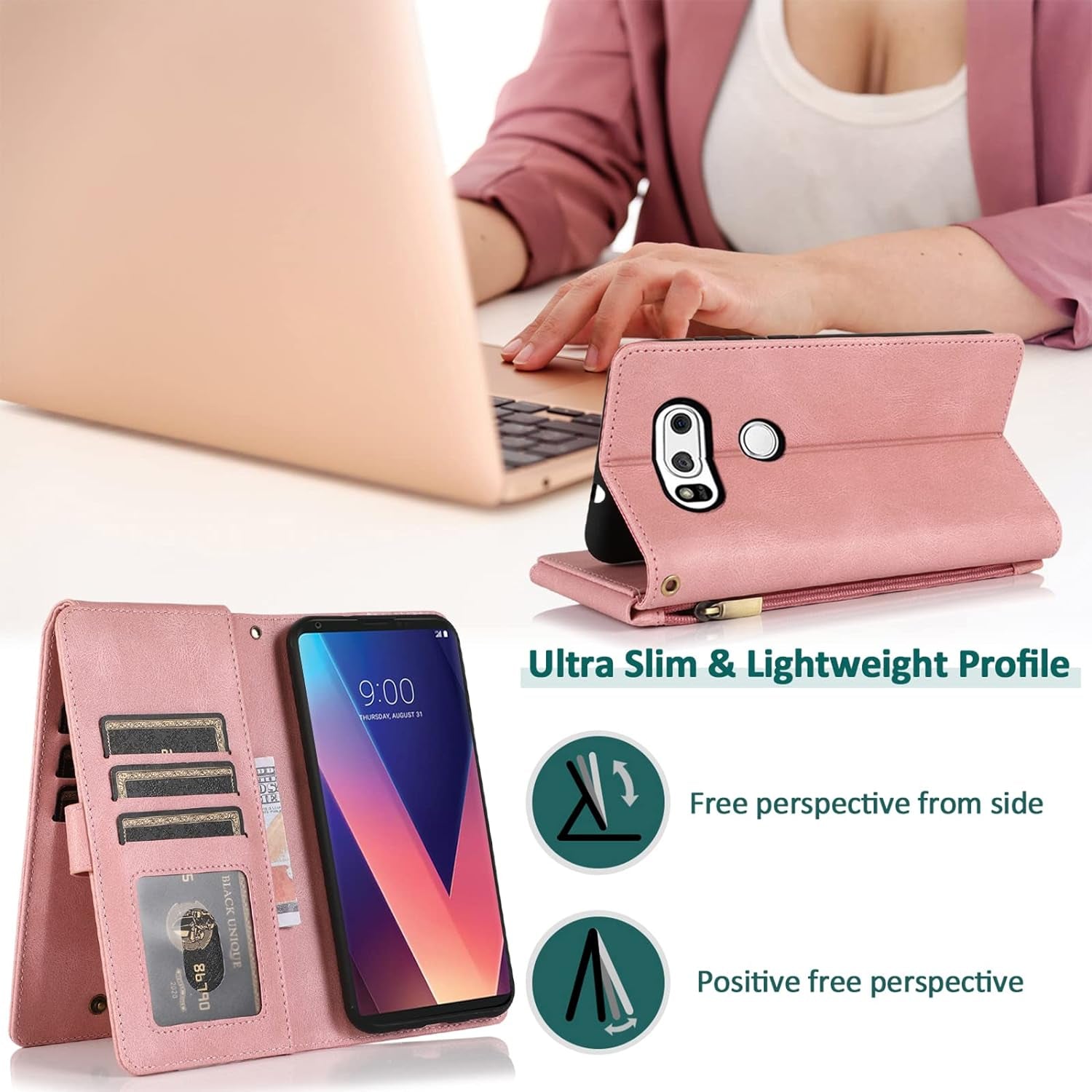 Compatible with LG V35 Thinq V30 plus Wallet Case Tempered Glass Screen Protector Zipper Leather Flip Cover Card Holder Accessories for LGV30 LGV35 LG30 LG35 V 30 35 V30+ V30S H931 Women Rose Gold  Asuwish   