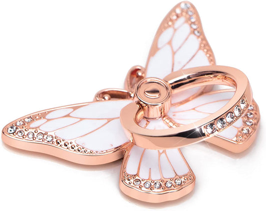 Butterfly Cell Phone Ring Holder, 360°Rotation Phone Ring Grip, Compatible with Iphone, Samsung Galaxy, LG Google Pixel, Ipad, Rhinestones and Enamel (Rose Gold and White)  Heidiwsy   