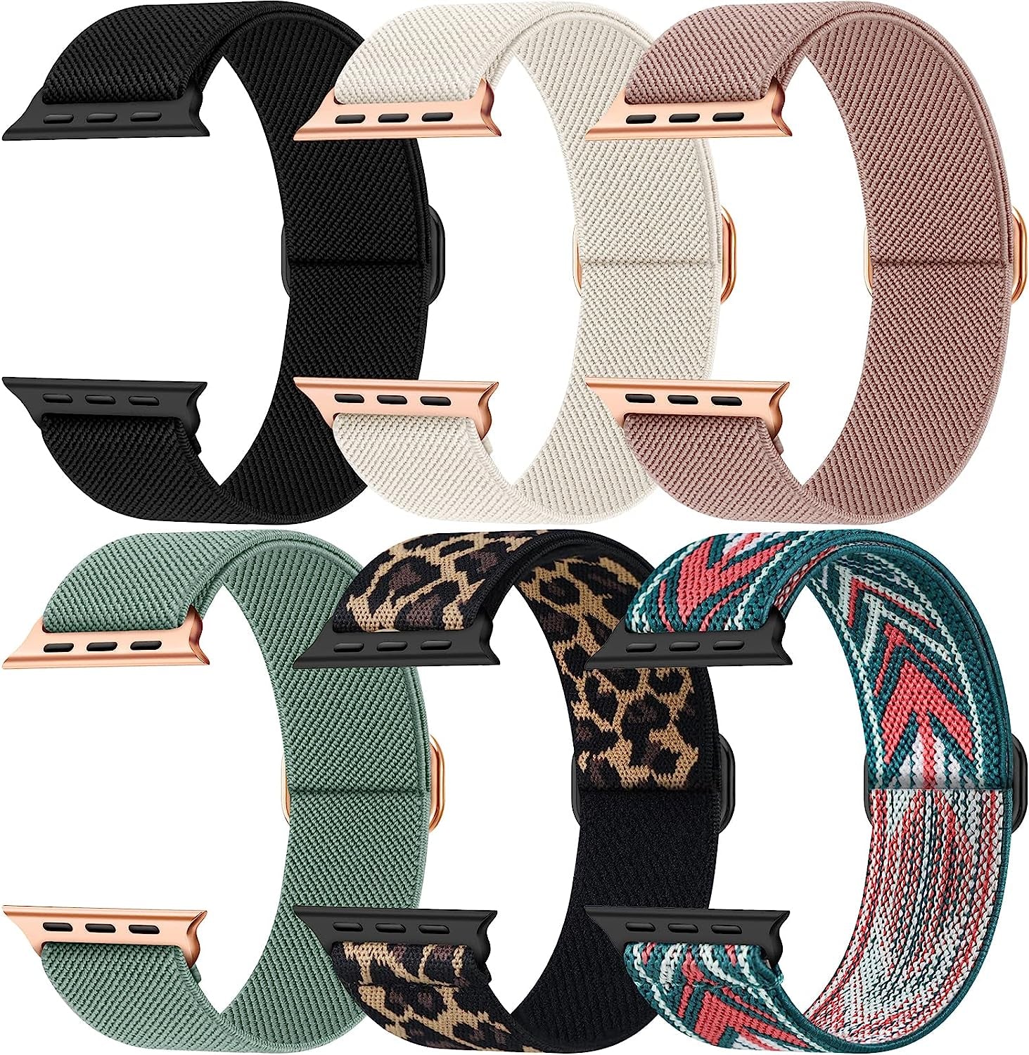 OYODSS 6 Pack Stretchy Solo Loop Band Compatible with Apple Watch Bands 38Mm 40Mm 41Mm 42Mm 44Mm 45Mm 49Mm, Nylon Sport Strap with Metal Connectors for Iwatch Ultra Series 8/7/6/5/4/3/2/1 SE Women Men  OYODSS Black/Starlight/Sand Pink/Cactus/Leopard/Green Arrow 42/44/45/49MM 