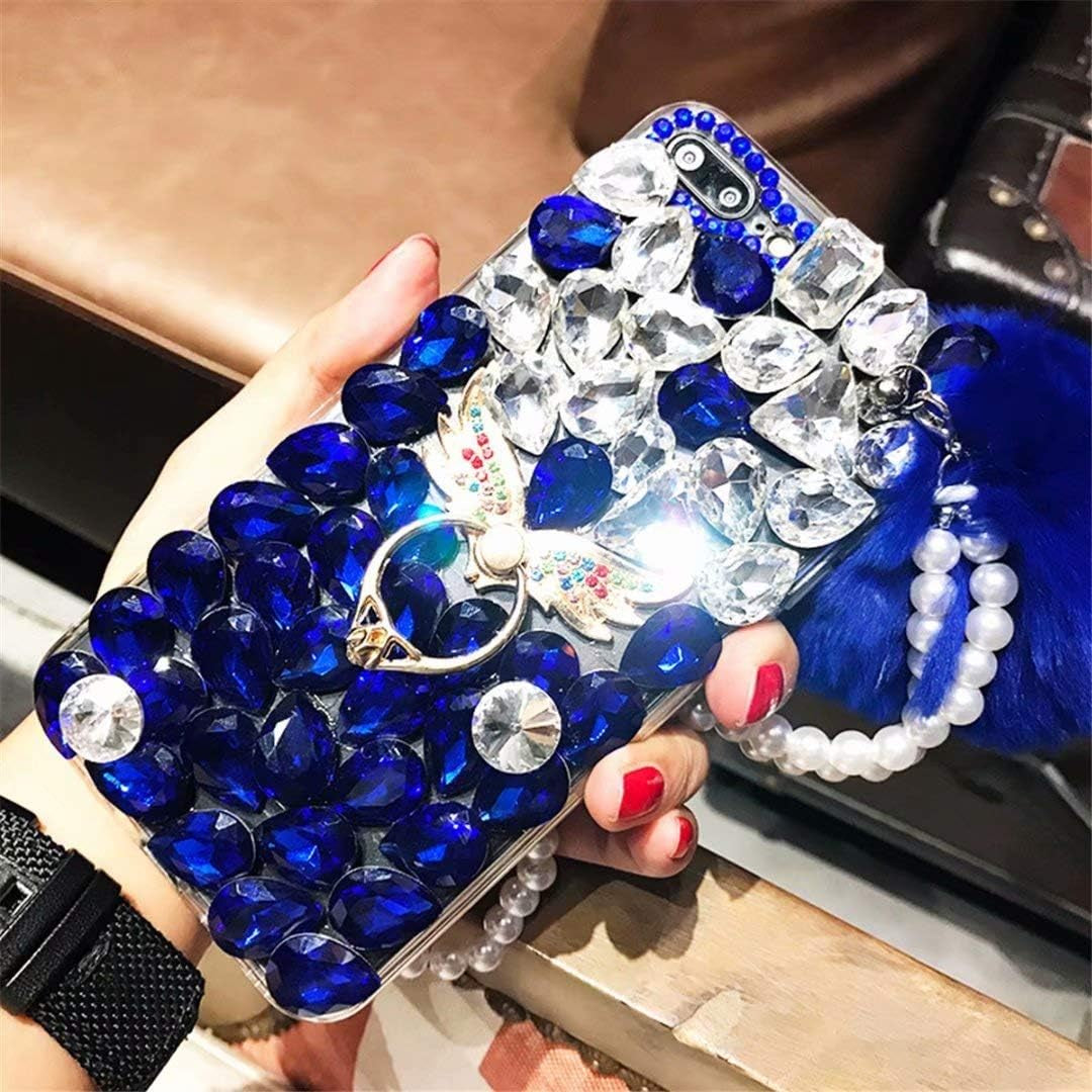 LG G8 Thinq Case,Lg G8 Case,Lg Alpha Full Crystal Diamond Case, 3D Handmade Finger Buckle Luxury Fur Ball Sparkle Crystal Rhinestone Diamond Glitter Bling TPU Case for LG G8 Thinq(Angel/Green)  YuXia Angel / Blue  