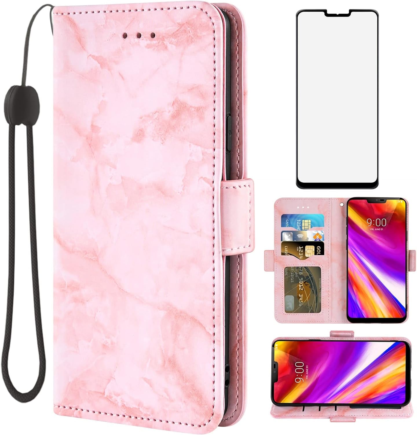 Asuwish Compatible with LG G7 Thinq Case and Tempered Glass Screen Protector Card Holder Kickstand Marble Wallet Phone Covers for LGG7 One G 7 plus LG7 Lg7Thinq 7G Thin Q G7+ G7Thinq Lgg7Thinq Purple  Asuwish Pink  