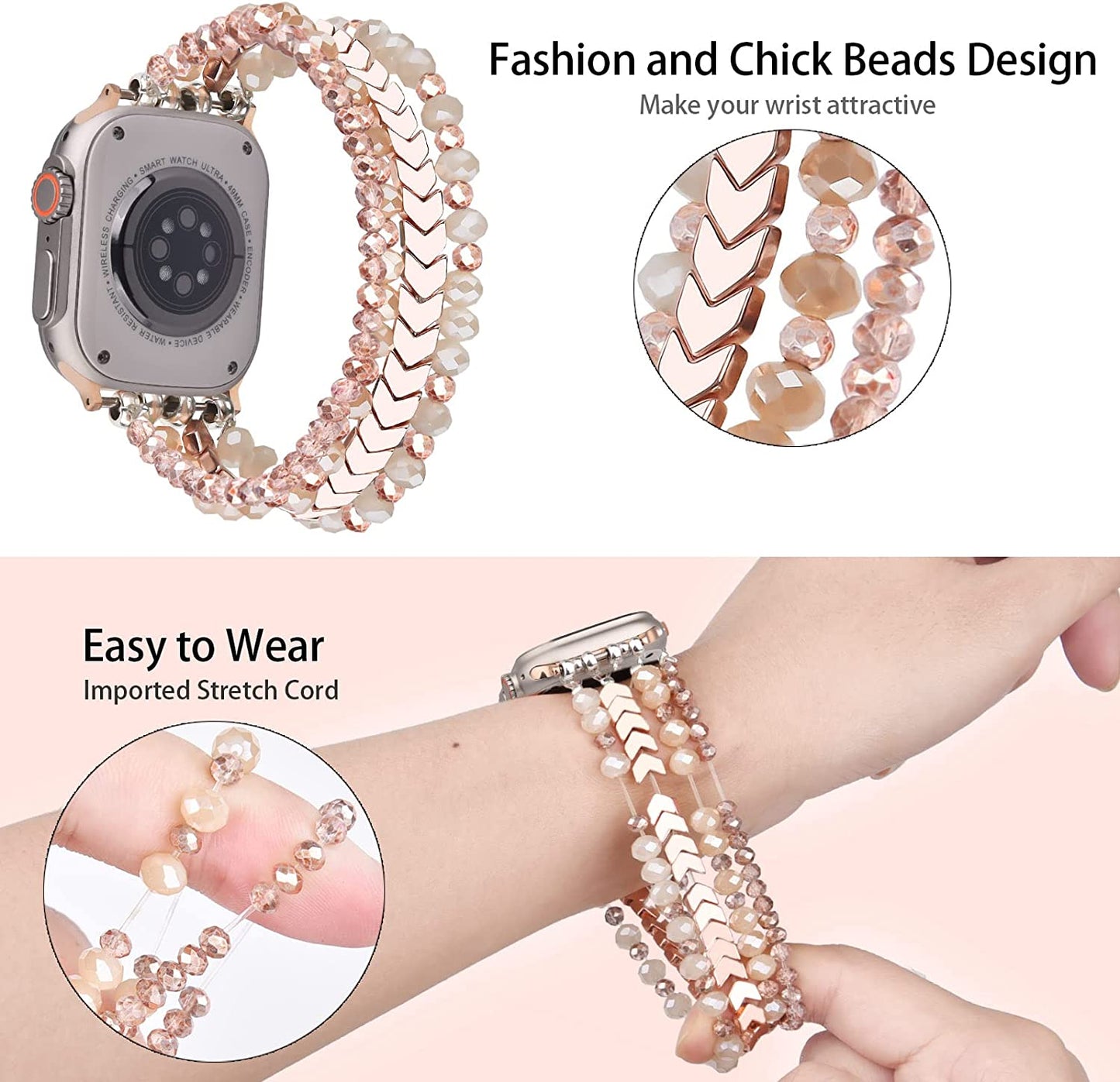 MOFREE Beaded Bracelet Compatible for Apple Watch Band 38Mm 40Mm 41Mm 42Mm 44Mm 45Mm Women,Fashion Handmade Elastic Stretch Strap for Iwatch Series SE 8 7 6 5 4 3 2 1  MOFREE   