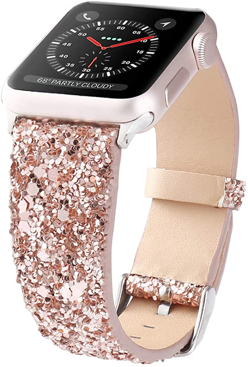 Bling Bands Compatible with Apple Watch Band 38Mm 40Mm 41Mm 42Mm 44Mm 45Mm 49Mm Women, Iwatch Strap Shiny Bling Glitter Leather Wristband for Apple Watch Series 8 7 6 5 4 3 2 1 SE Ultra  JOHIPI Rose gold 38mm/40mm/41mm 