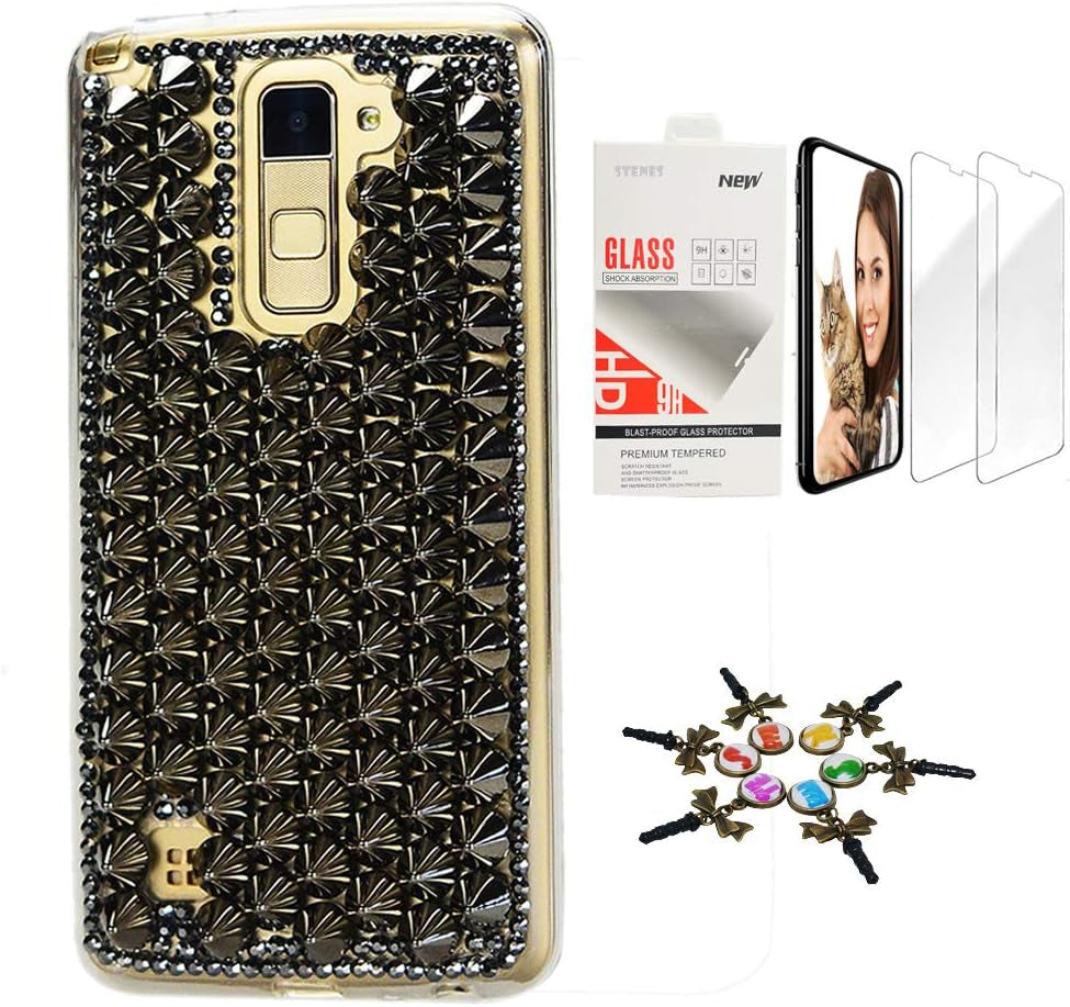 STENES Bling Case Compatible with LG V40 Thinq - Stylish - 3D Handmade [Sparkle Series] Luxury Peacock Flowers Design Cover with Screen Protector [2 Pack] - Red  STENES Punk Rivet Design / Black Design For Lg V40 Thinq 